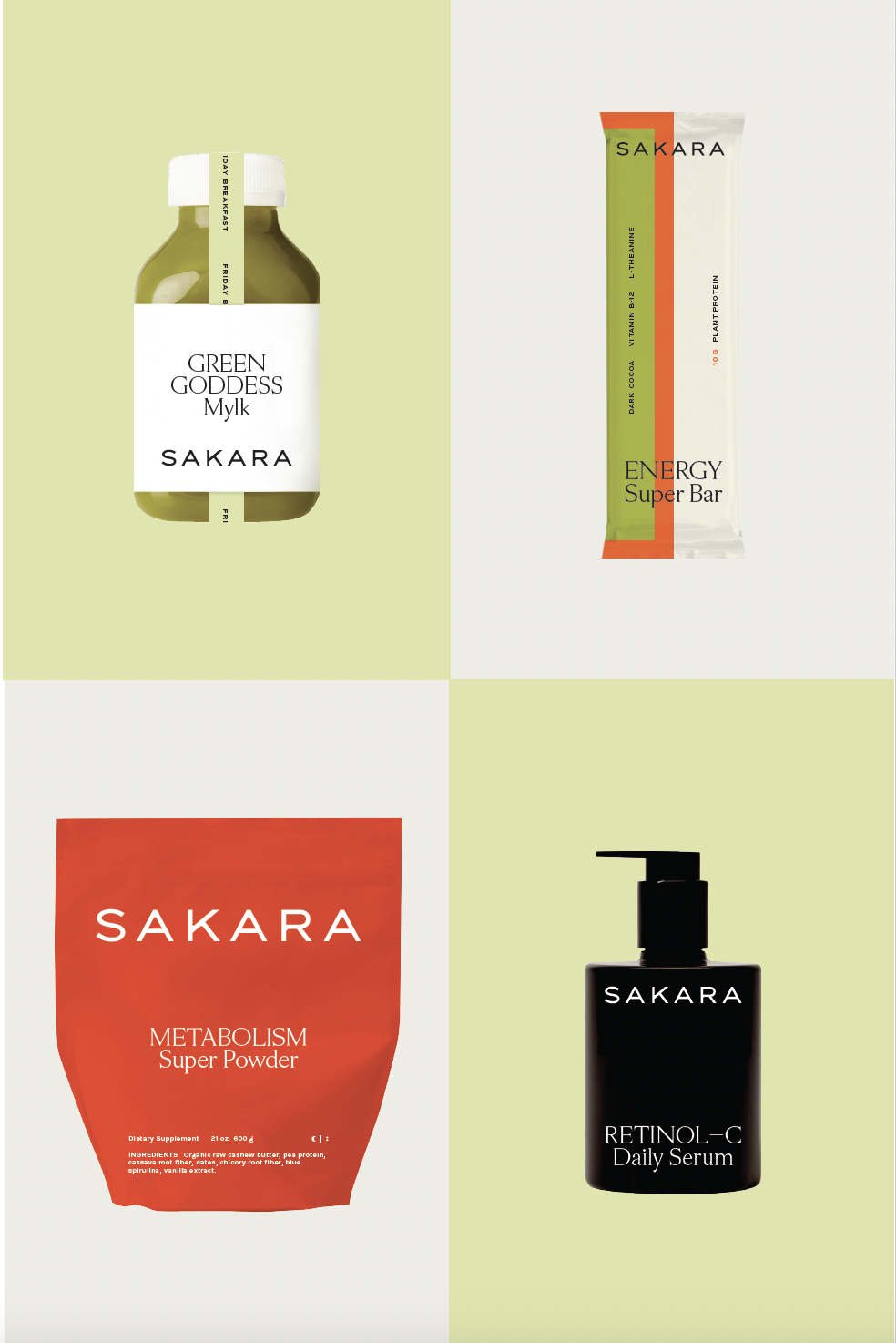 A collage of four skincare and supplement products from the brand Sakara, including a green liquid supplement bottle, an energy super bar, a metabolism super powder container, and a retinol C daily serum pump.