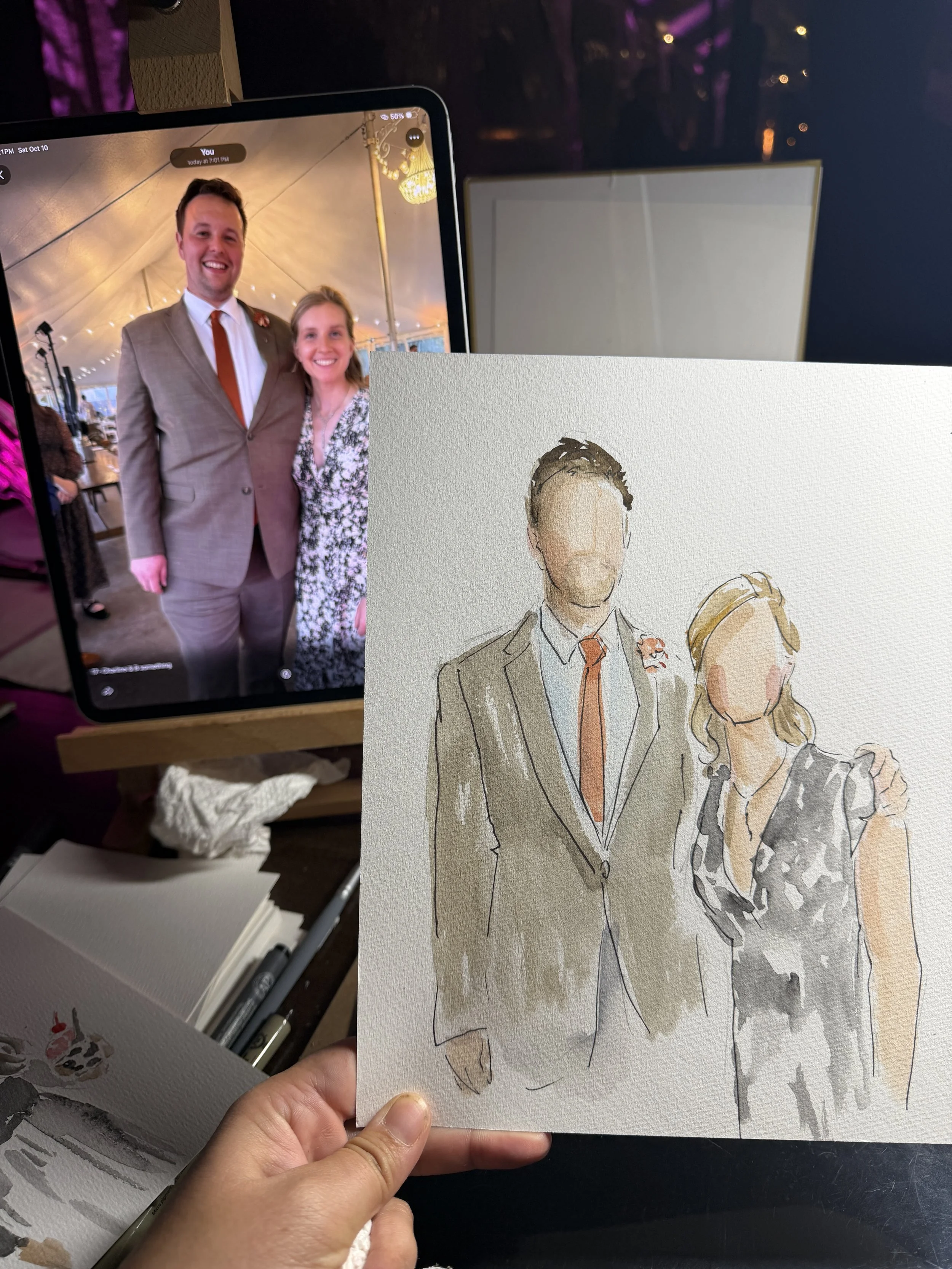 Hand drawn watercolor portrait painting compared to the photographic inspiration.
