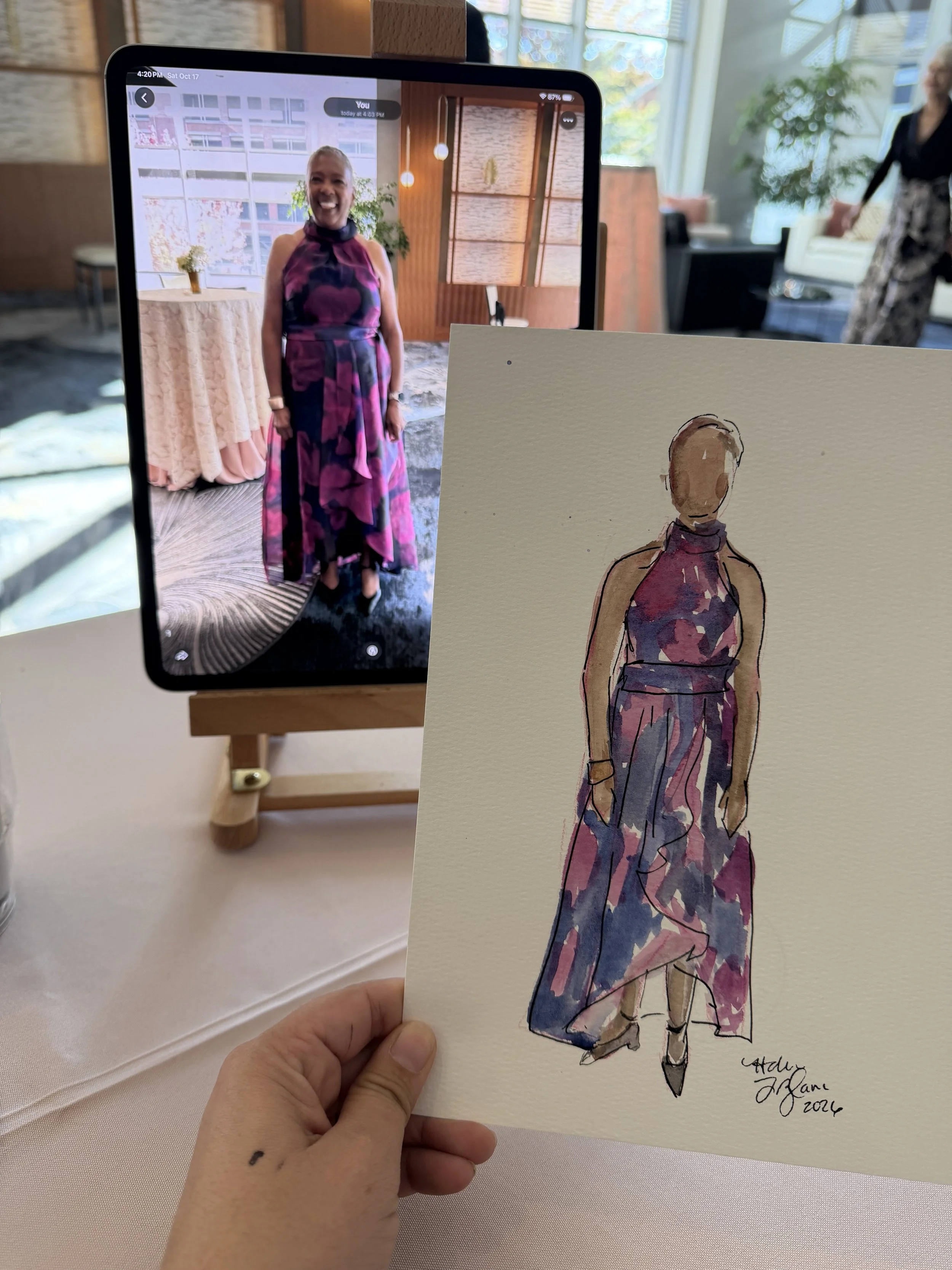 Finished fashion sketch in watercolor, compared to the original photo of the guest
