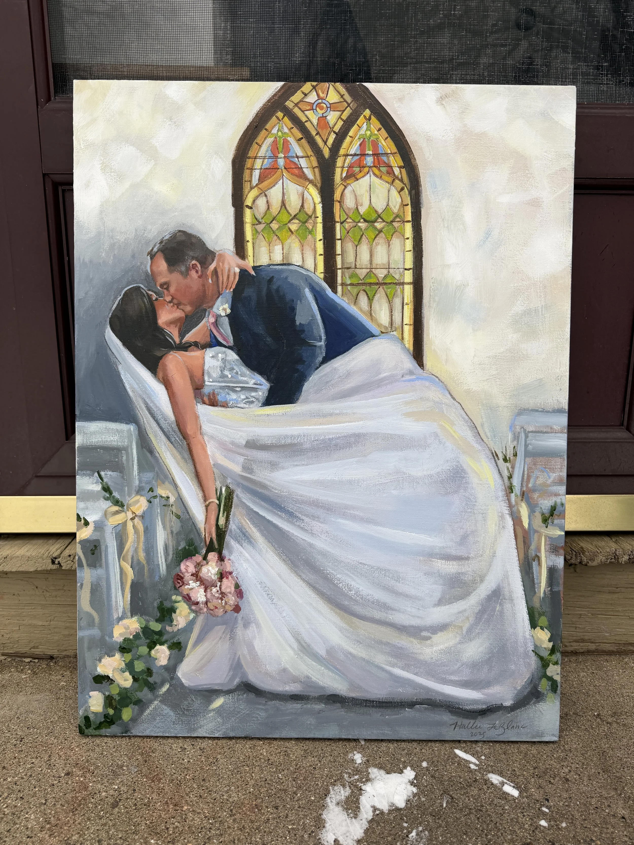 Acrylic painting of a couple‘s dip kiss down the aisle of a church