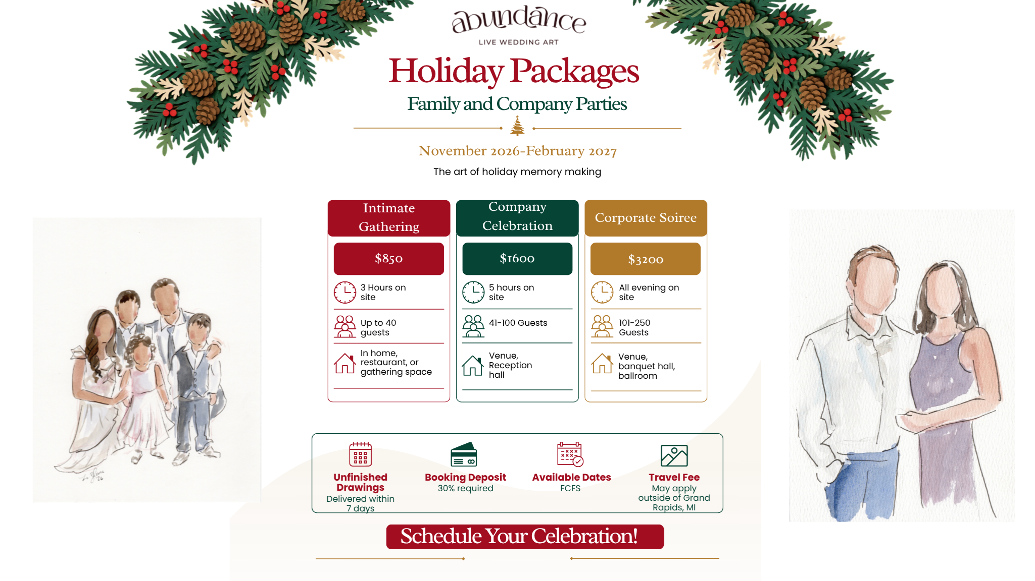 Corporate event guest sketch pricing guide featuring custom hand drawn portrait packages for gatherings of many sizes.