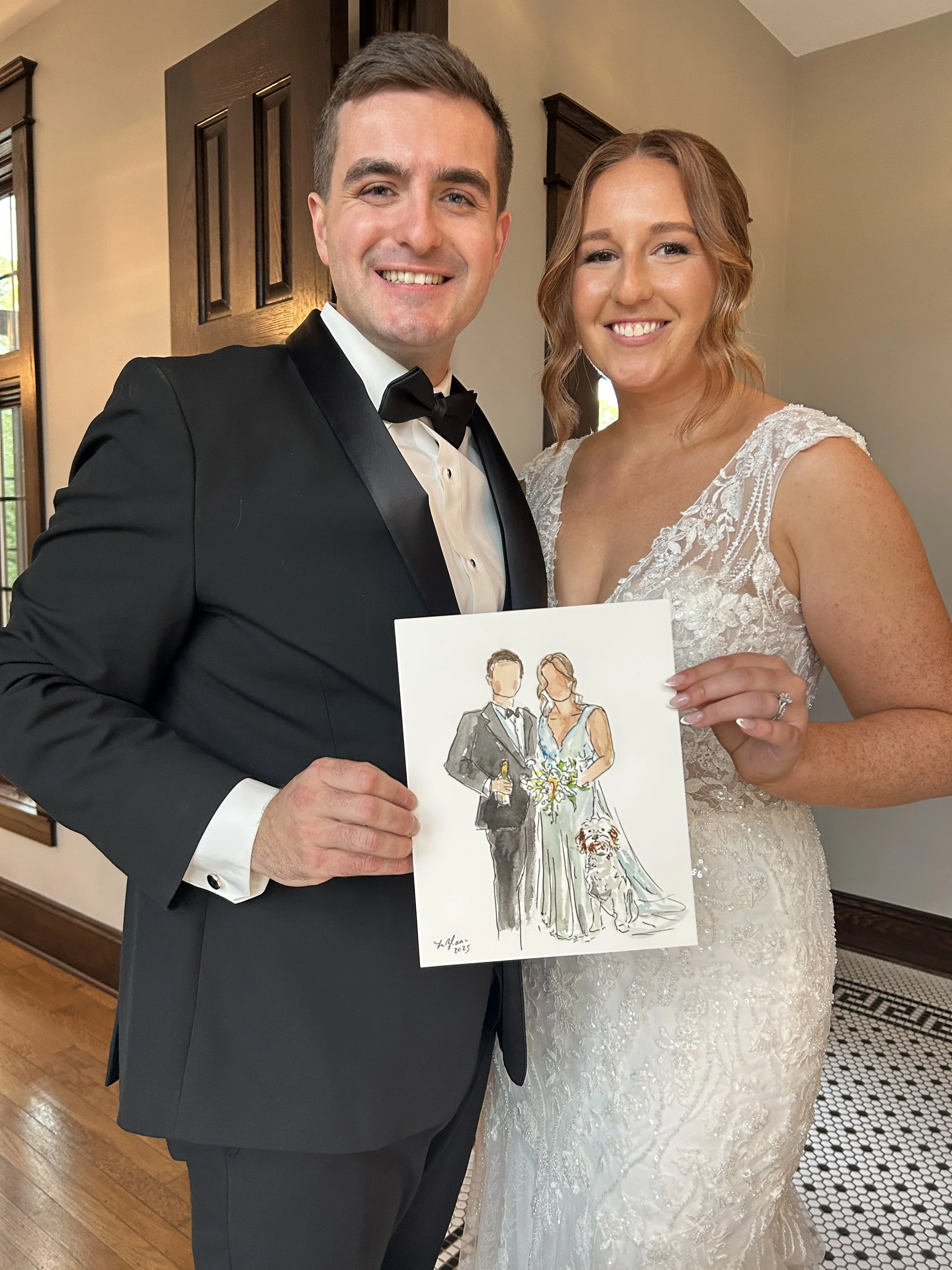 Watercolor painting of a bride and groom and their dog