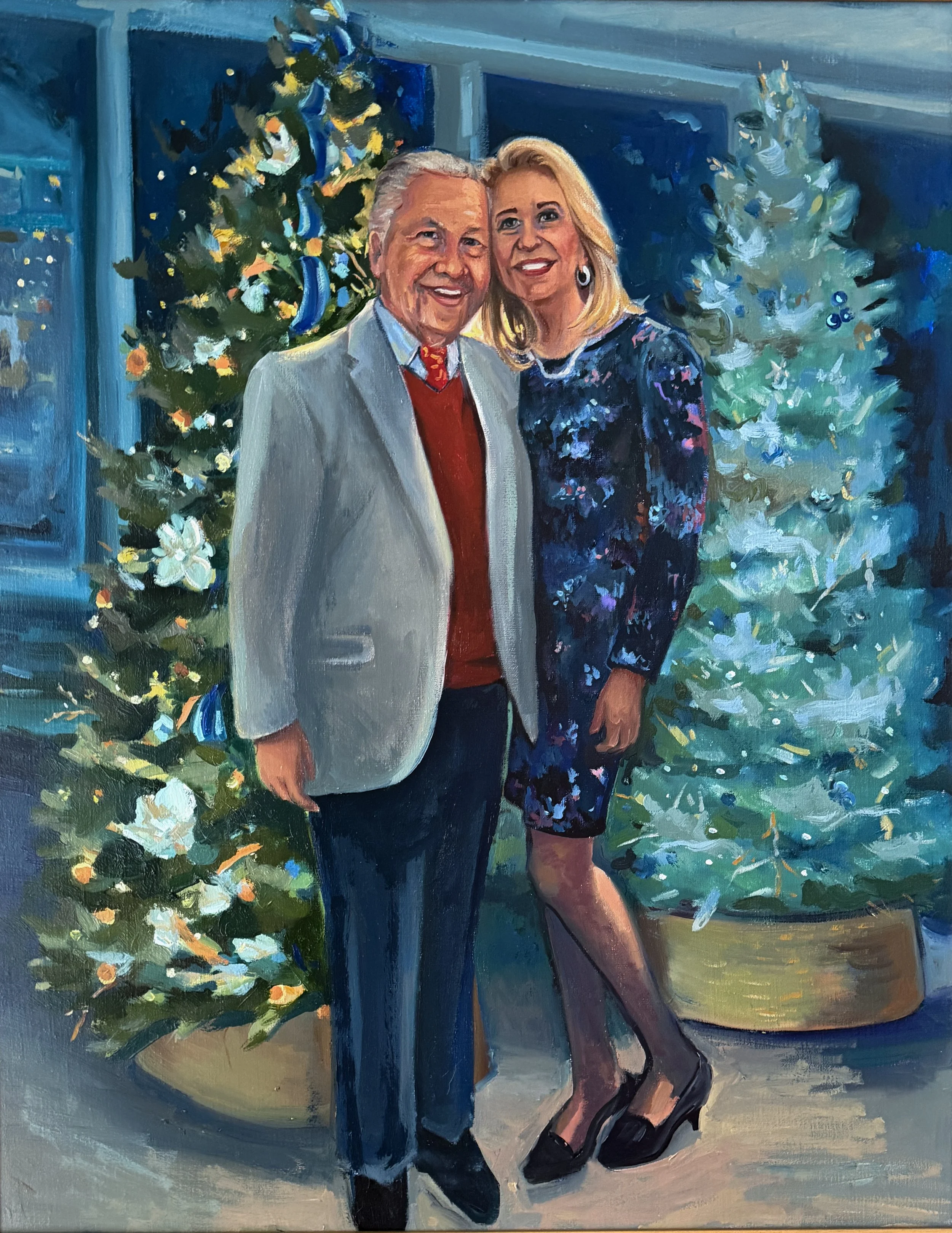 Oil painting of older couple with Christmas tree setting