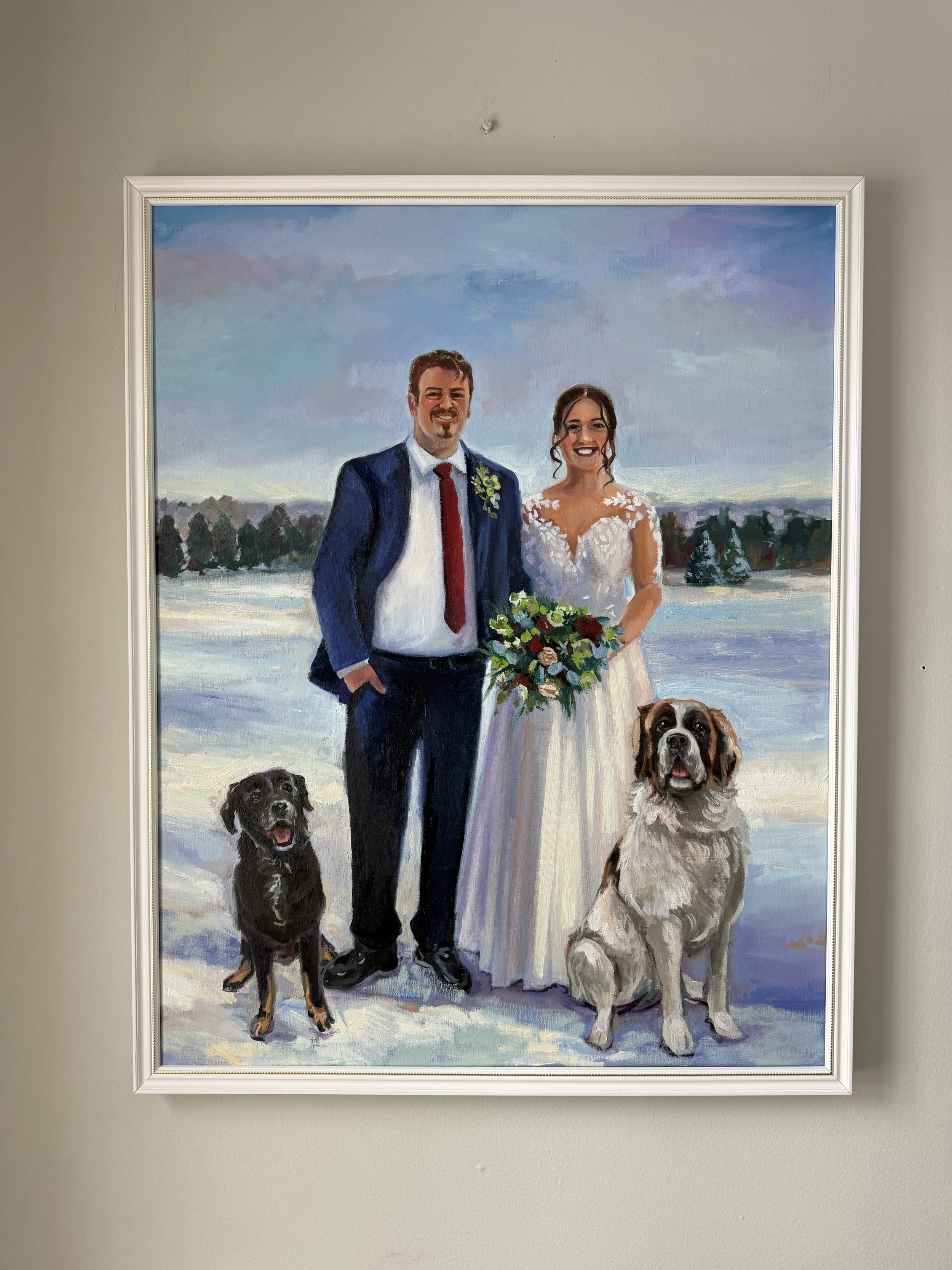 Live painting at venue. Painting features newly wed couple and their dog.