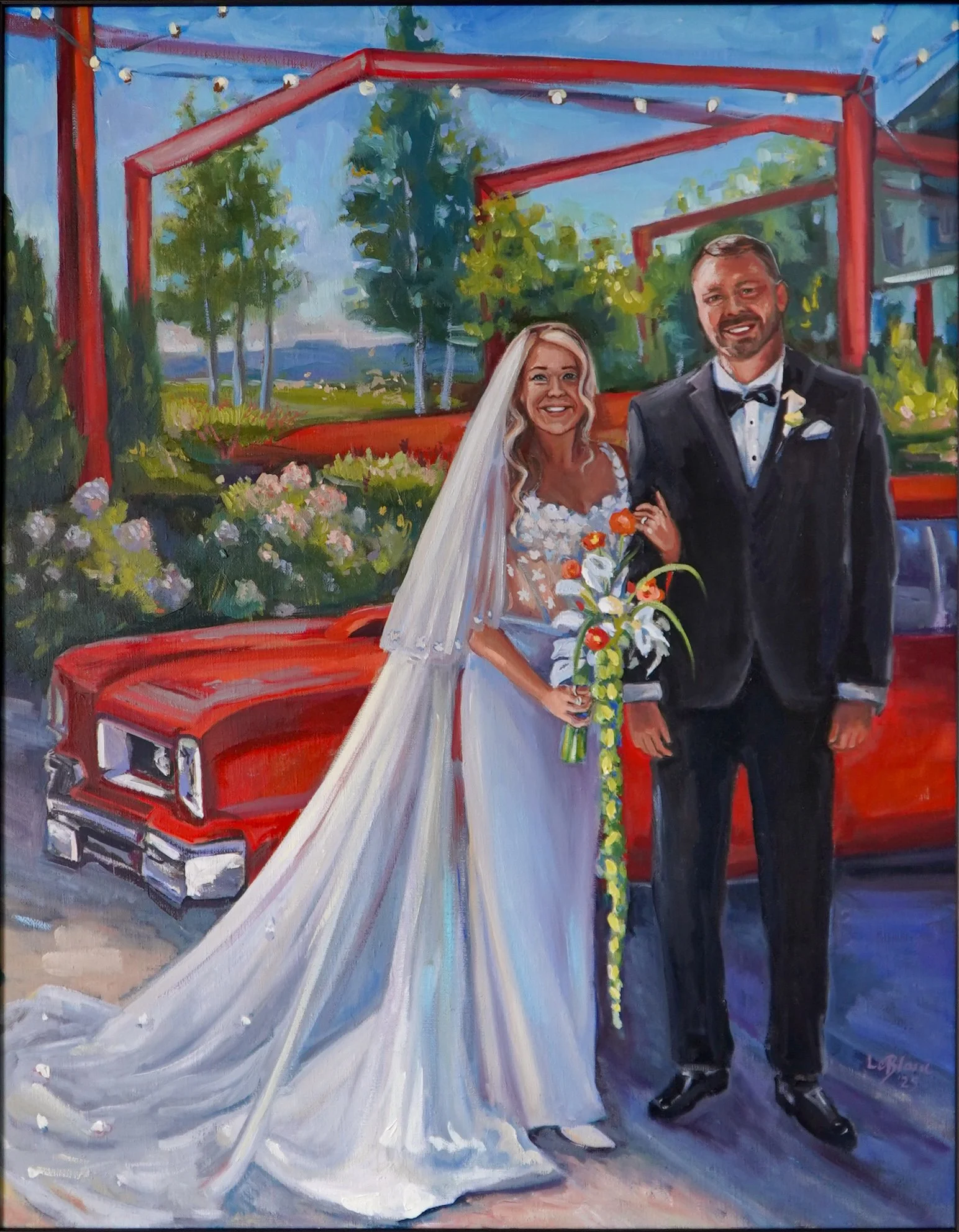 Bride and groom standing in front of a bright red car