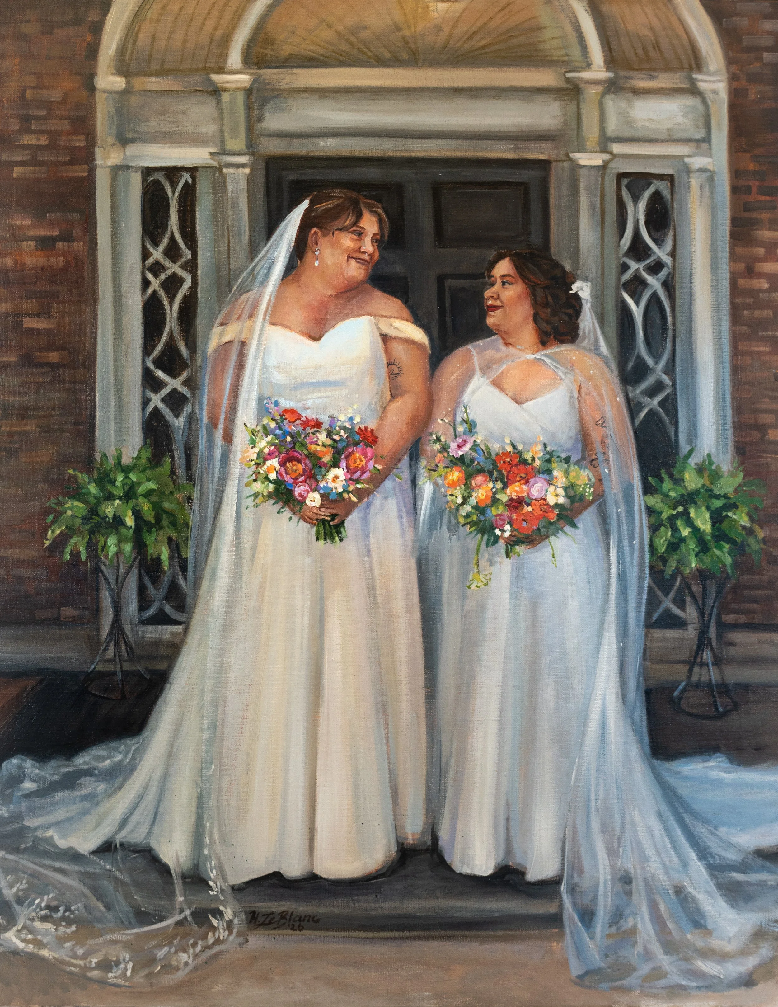 Oil painting of a newly wed lesbian couple looking at one another