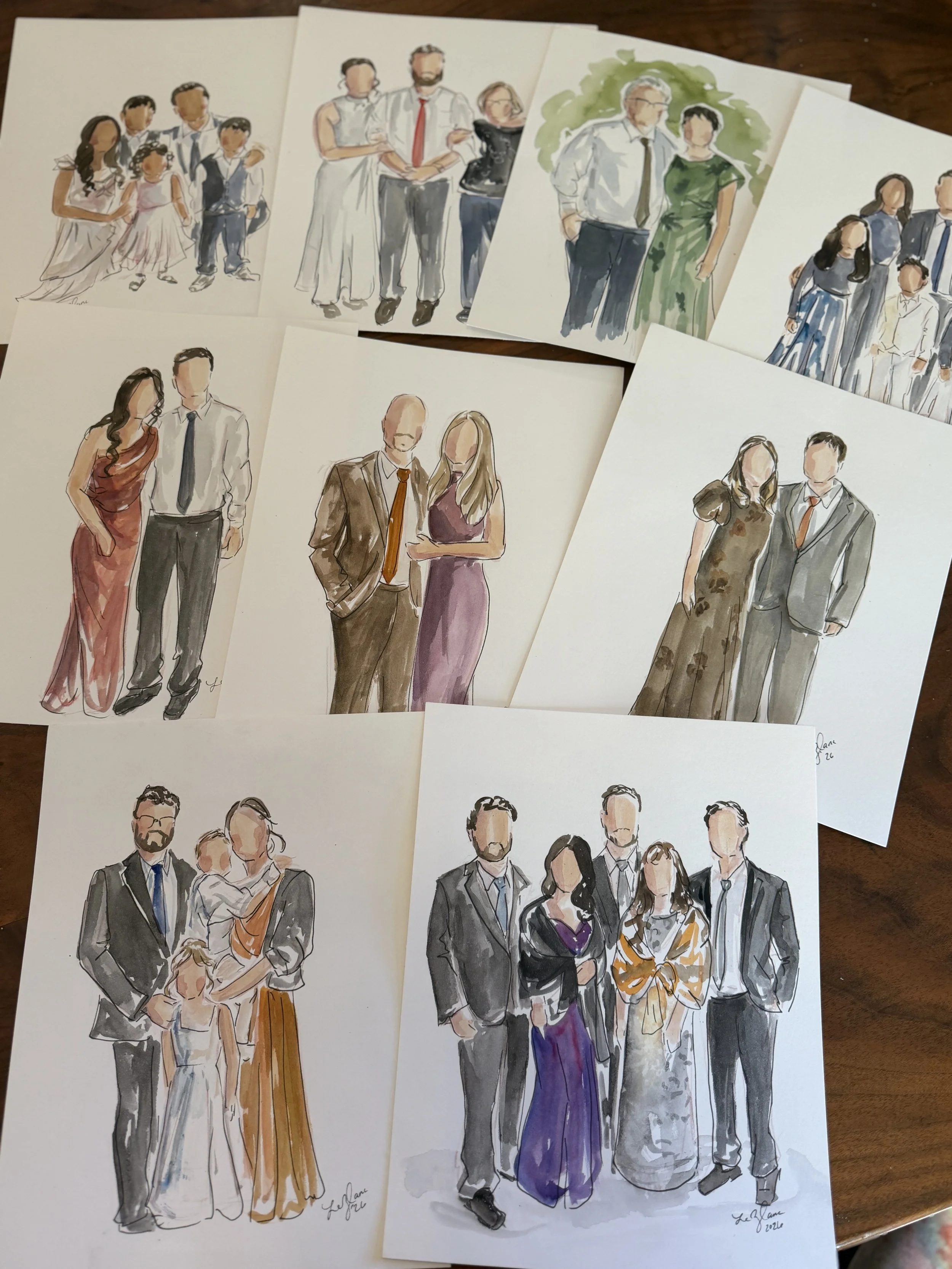 Collection of custom guest sketches featuring expressive lines and individualized clothing, body types, and other features