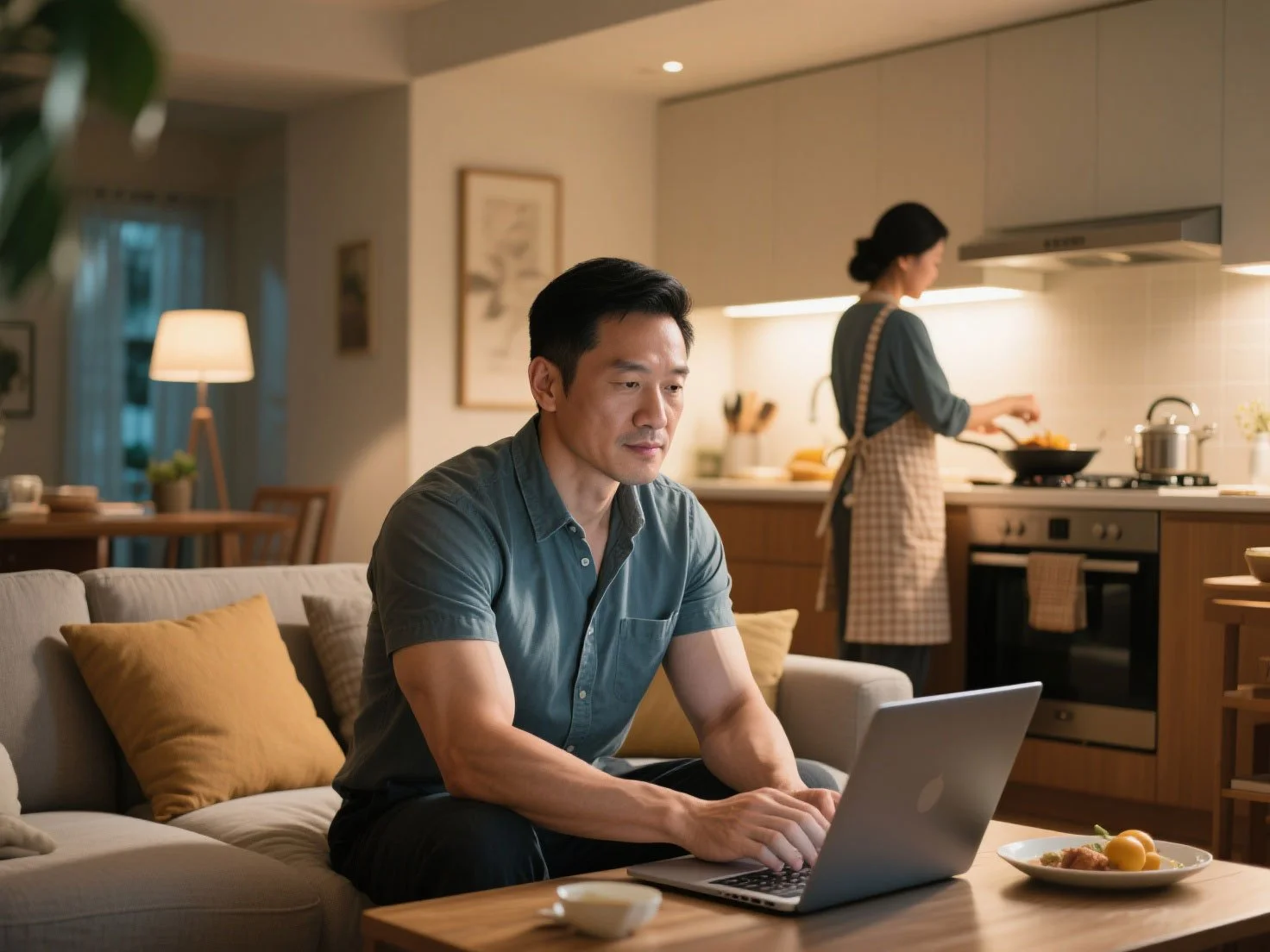 A man sitting on a couch looking at homes before getting pre-approved on his laptop while his partner cooks nearby.