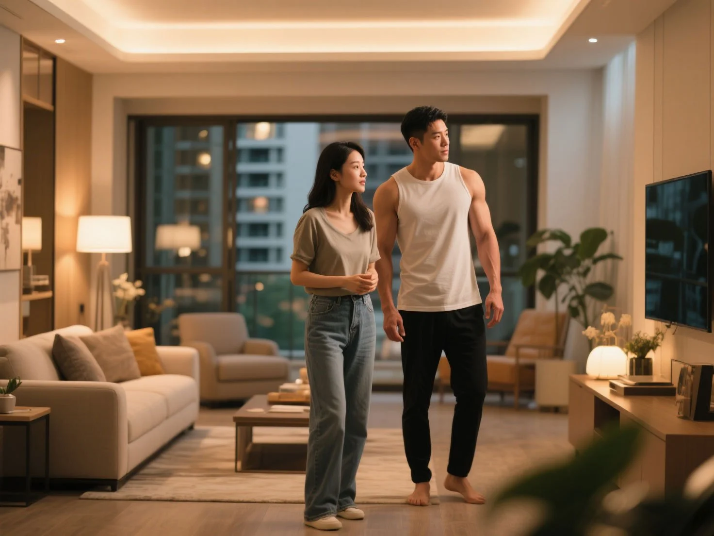 Homebuyers tour a modern apartment while debating the question Should I buy NYC or NJ for their new urban residence.