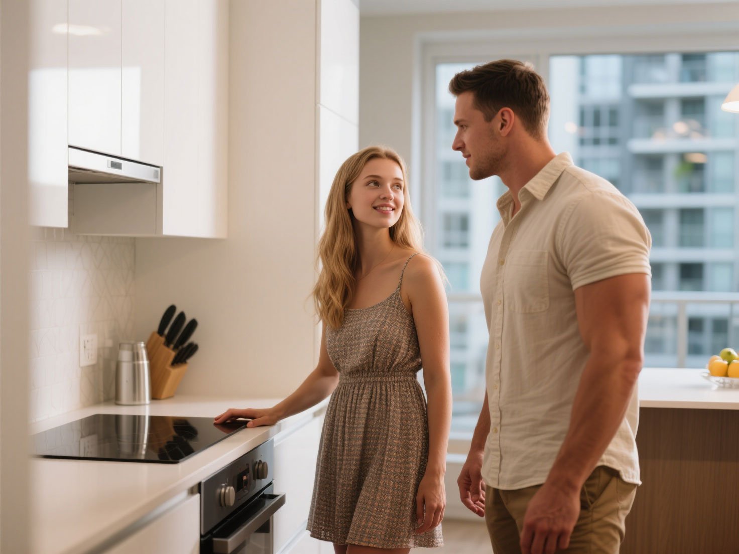 Young couple smiling in their new modern kitchen after making a down payment on a luxury urban apartment.