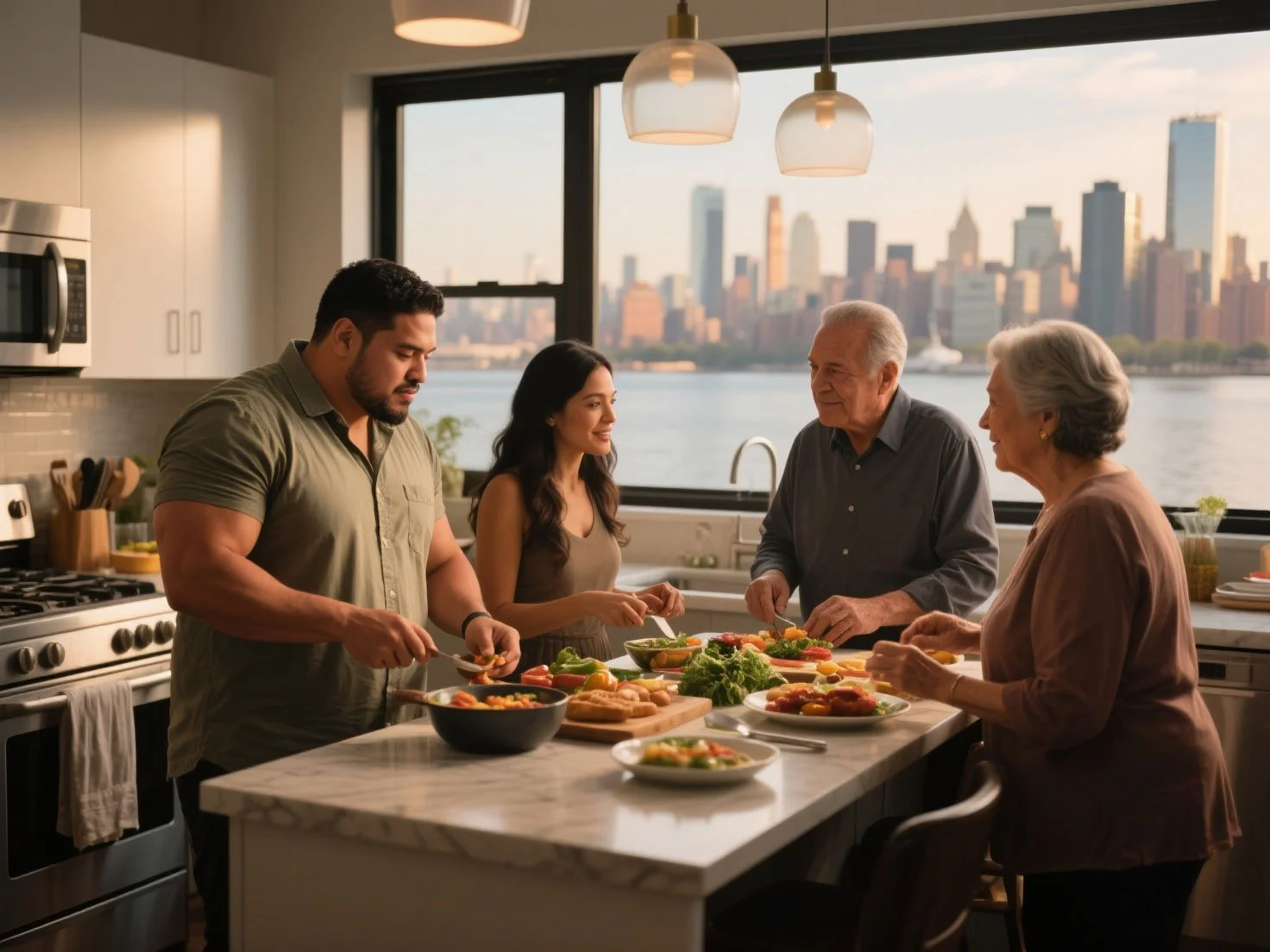 A family cooking in a luxury kitchen with city views, highlighting the long-term benefits of Reviewing Building Financials.