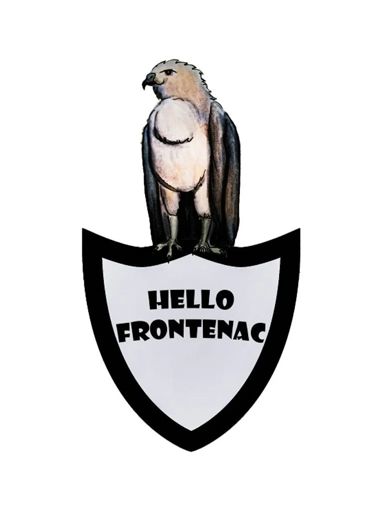 A logo featuring a hawk wearing a cape, standing above a shield with the text 'HELLO FRONTENAC'.
