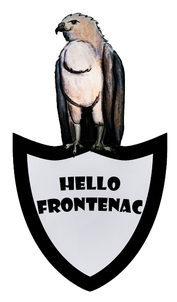 A watercolor illustration of an eagle perched on a shield-shaped sign that reads 'HELLO FRONTENAC' in bold black letters.