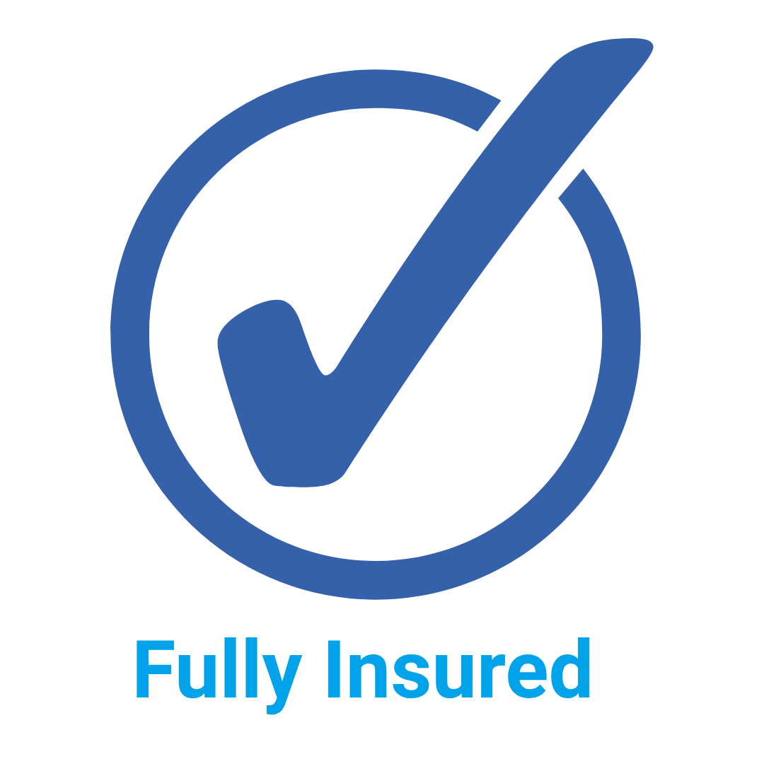 Blue checkmark inside a circle with the words "Fully Insured" underneath.