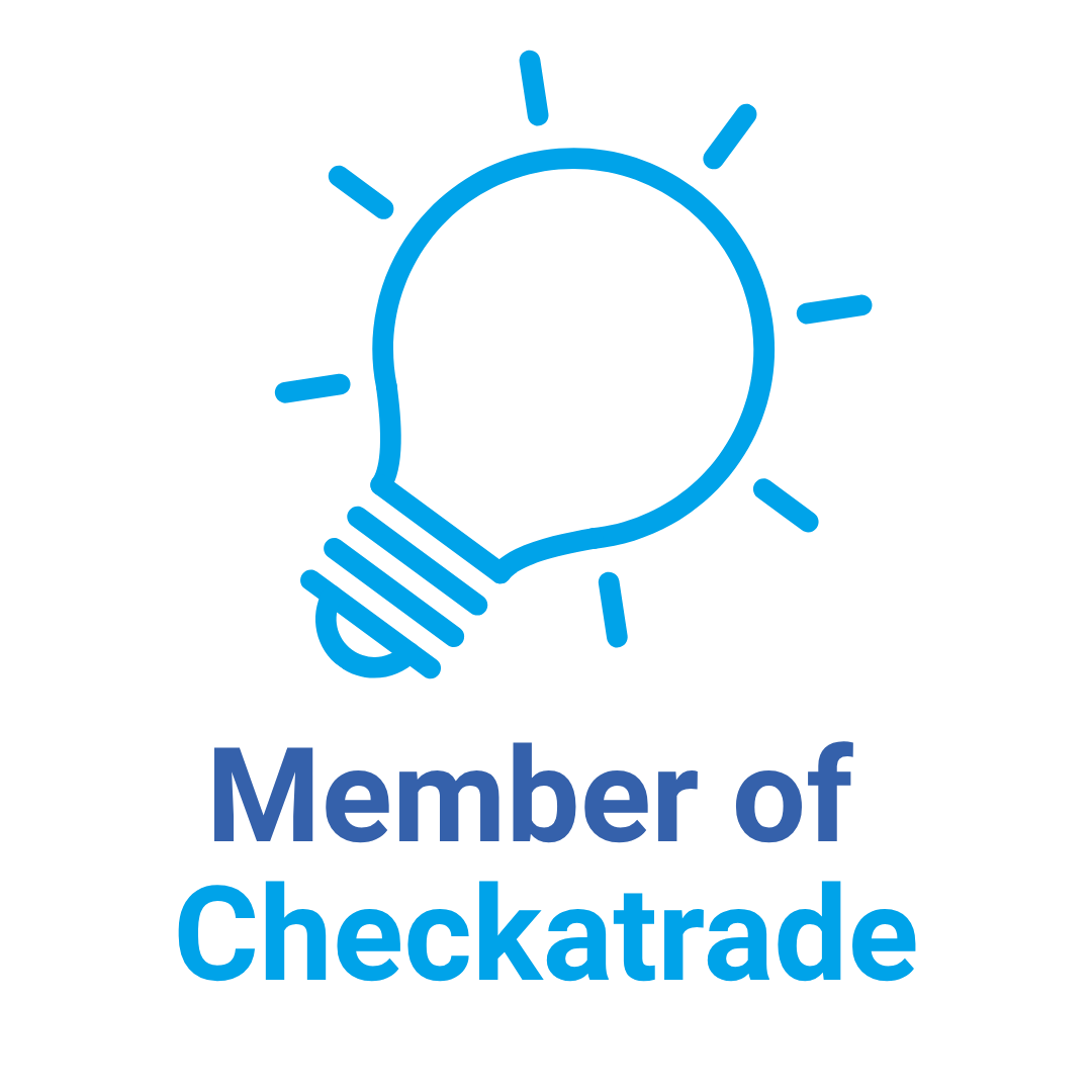 Blue outline light bulb with radiating lines and the text 'Member of Checkatrade' underneath.