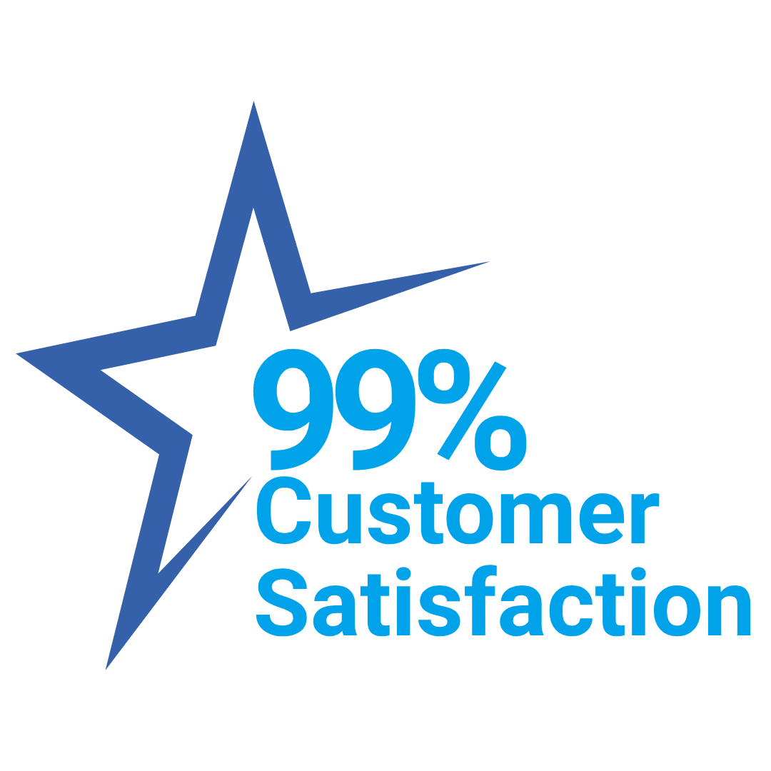 Blue star graphic with text that reads '99% Customer Satisfaction' in blue font.