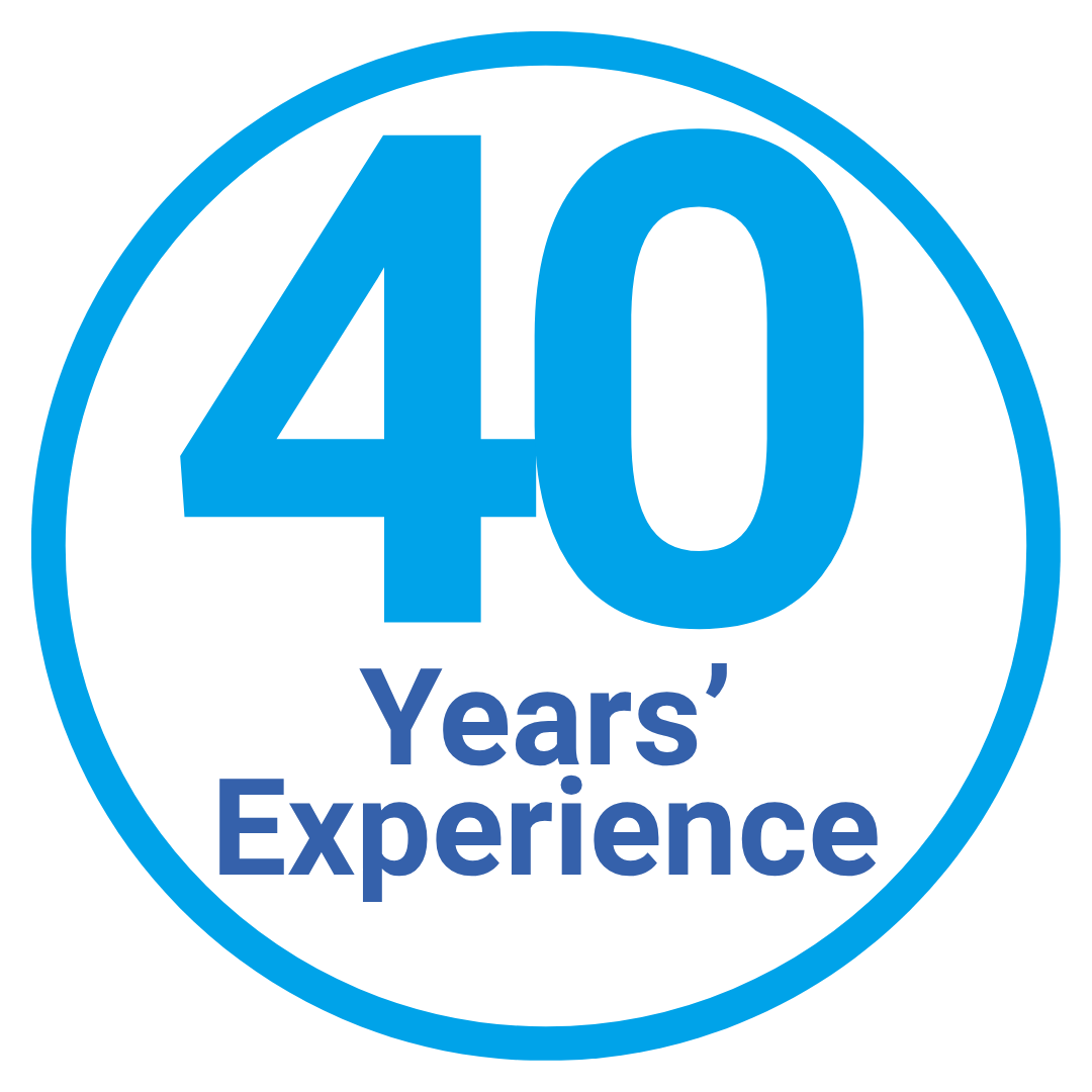 Circular badge with blue border and text that states "40 Years' Experience" in blue and black.