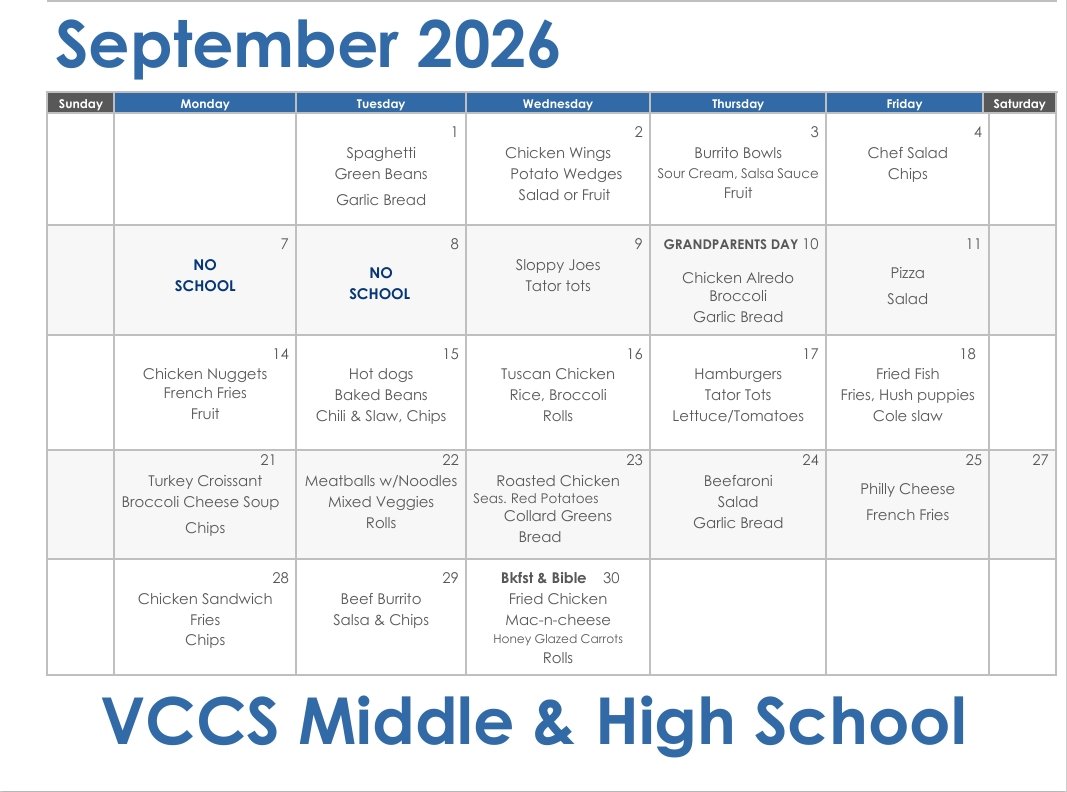 September Lunch Menu: Middle &amp; High School