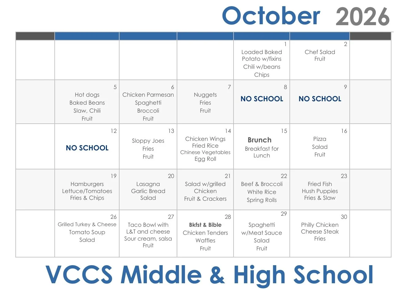 October Middle/ High School Lunch Menu 
