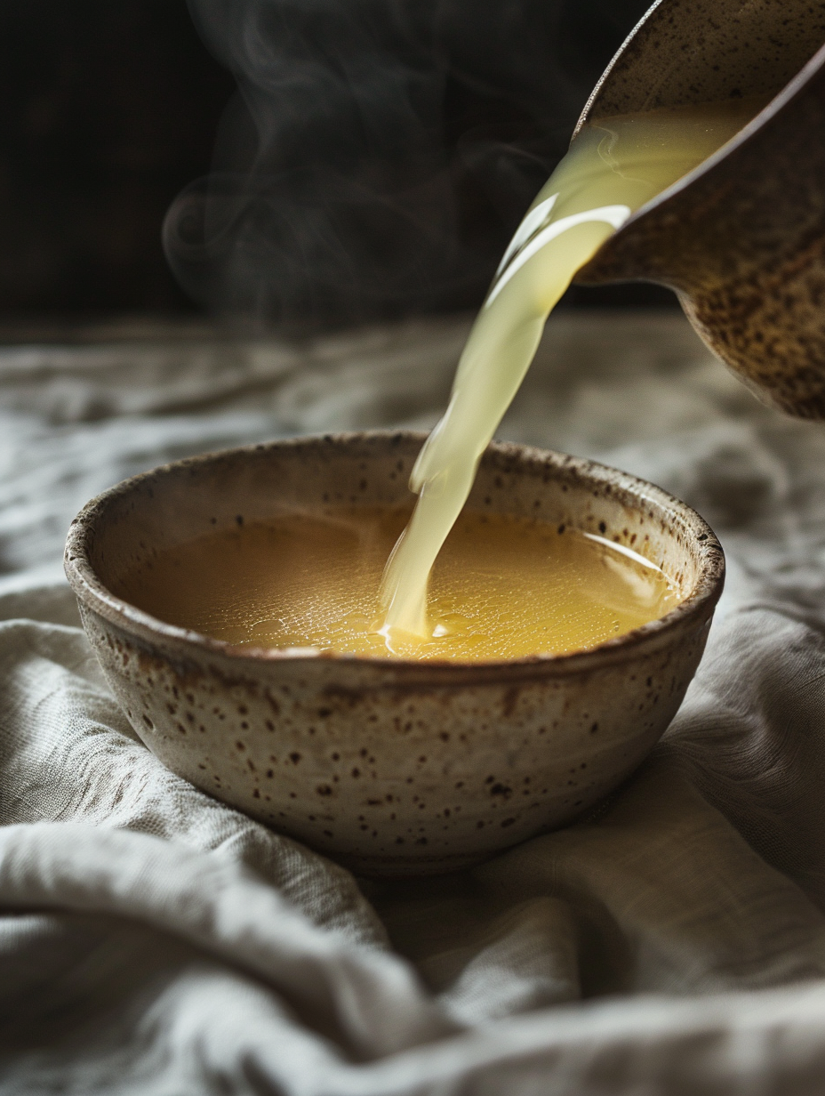 Pouring hot creamy coffee into a rustic ceramic bowl on a white cloth.