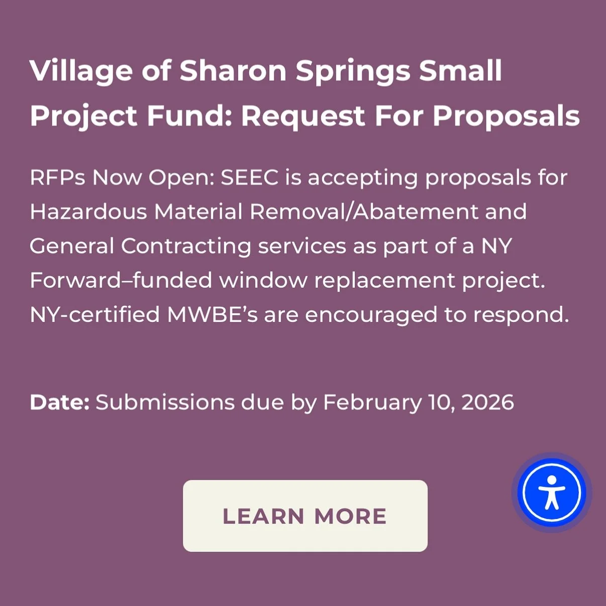 As administrator of the NY Forward Small Project Fund for the Village of Sharon Springs, we now have two RFP opportunities open. If you&rsquo;re a business owner in the Village of Sharon Springs, we are still accepting new projects. 

This fund is de