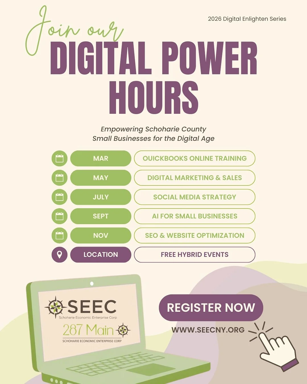 Another year, another round of free tools for Schoharie County businesses 🛠️

Digital Power Hours bring small business owners together to tackle real challenges with expert guidance. 🤝 2026 brings a five-session training series delivering hands-on 