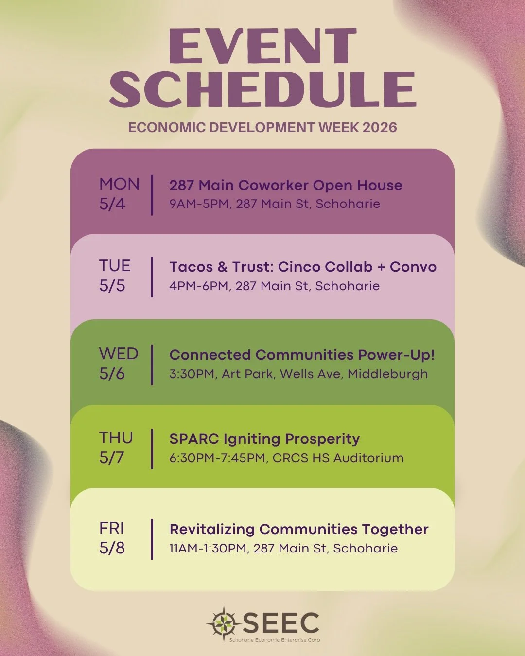 🌱 Economic Development Week is almost here! May 4&ndash;8, we&rsquo;re celebrating the power of collaboration across Schoharie County with 5 days of events open to entrepreneurs, residents, municipal leaders, and community changemakers.

Here&rsquo;