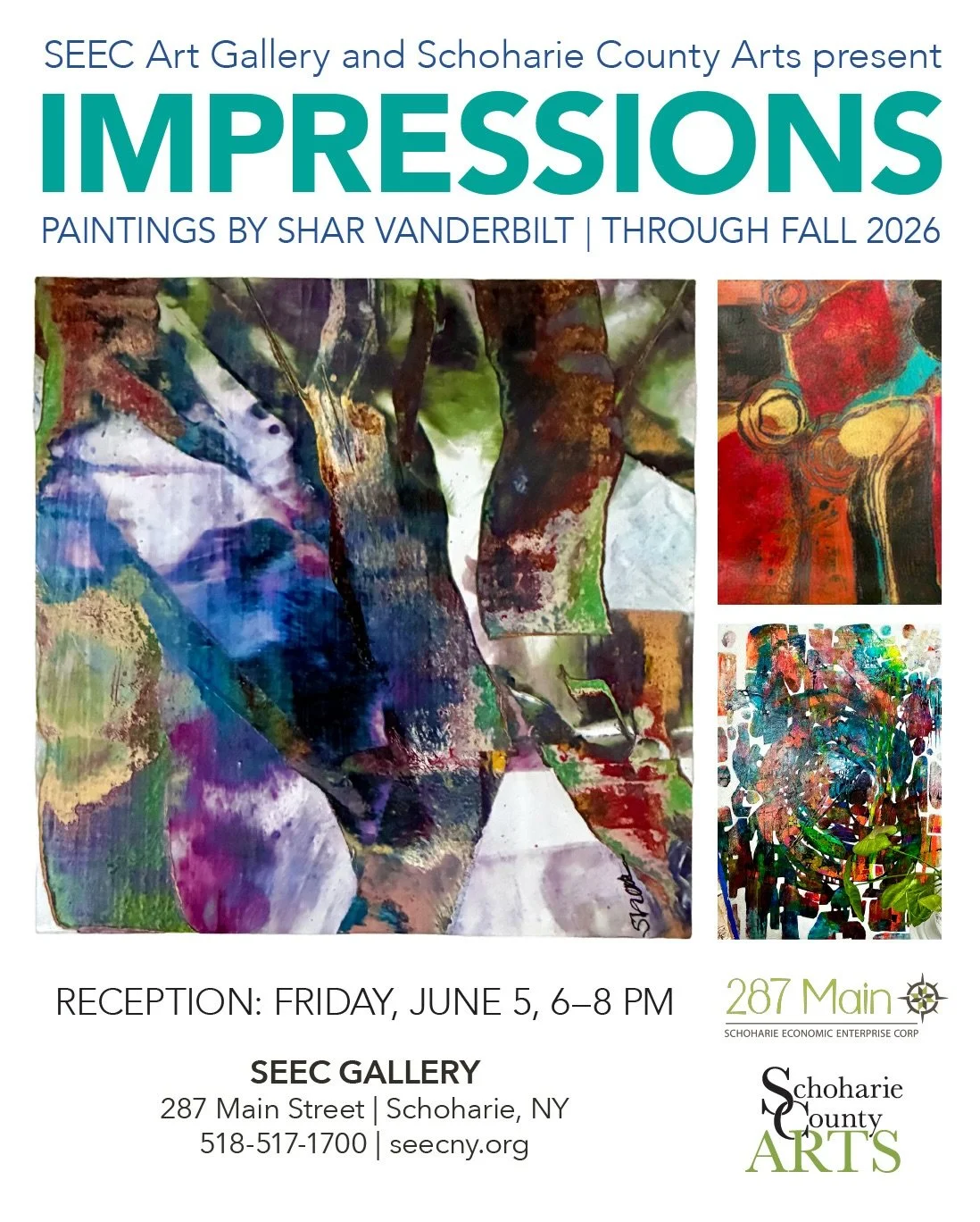 🎨 Join us Friday, June 5, 6&ndash;8 PM at 287 Main for a dual reception!

Celebrate with us&hellip; Impressions, evocative paintings by Shar Vanderbilt inspired by light, color, and the textures of everyday life, alongside the Cobleskill-Richmondvil