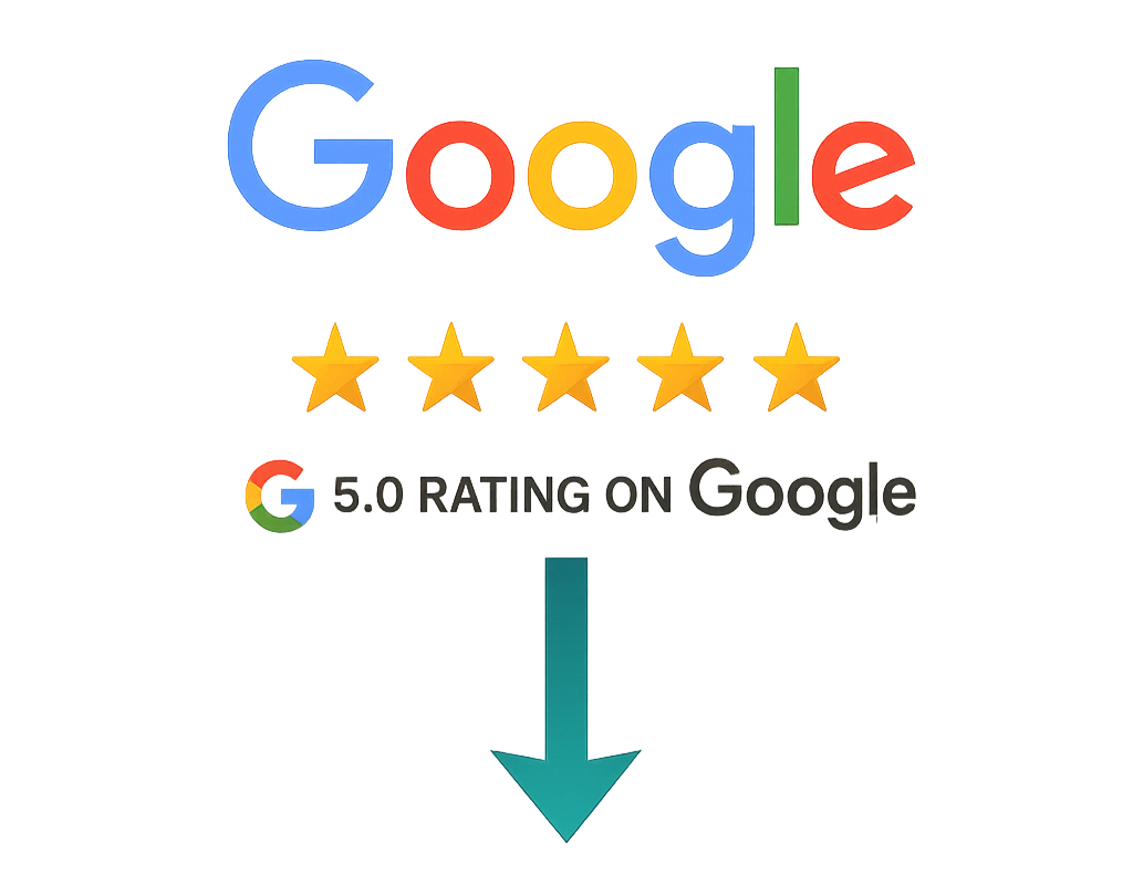 Google logo with five gold stars underneath and text indicating a 5.0 rating on Google, with a downward arrow.