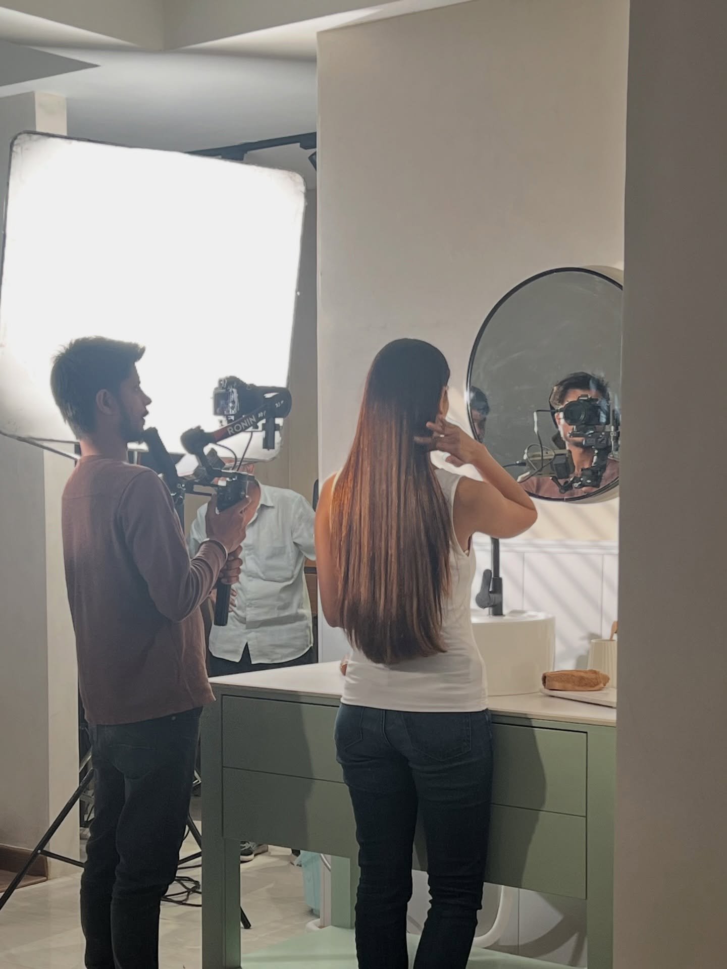 Bathrooms can be super challenging to shoot in- no space to set up lights and a huge mirror that reflects everything. That&rsquo;s why we created up a mini washroom set at The Haus so you have enough space to create videos and not bump elbows with ea