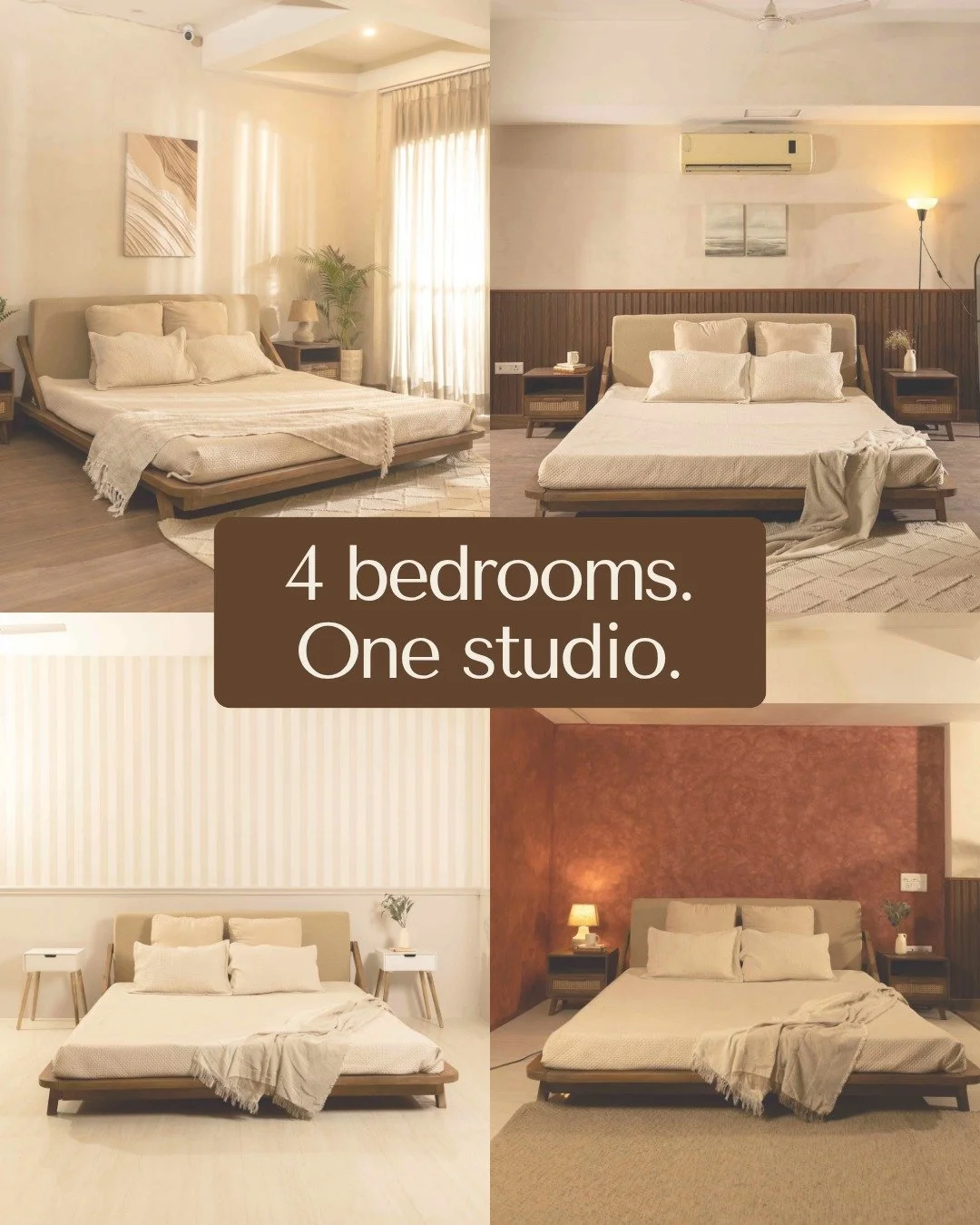 You don't need 4 locations for 4 moods.

We built one studio with  interchangeable walls - so you can go from warm wood tones to soft limewash to deep terracotta without leaving the building.

Same bed. Same furniture. Completely different shoot.

Th