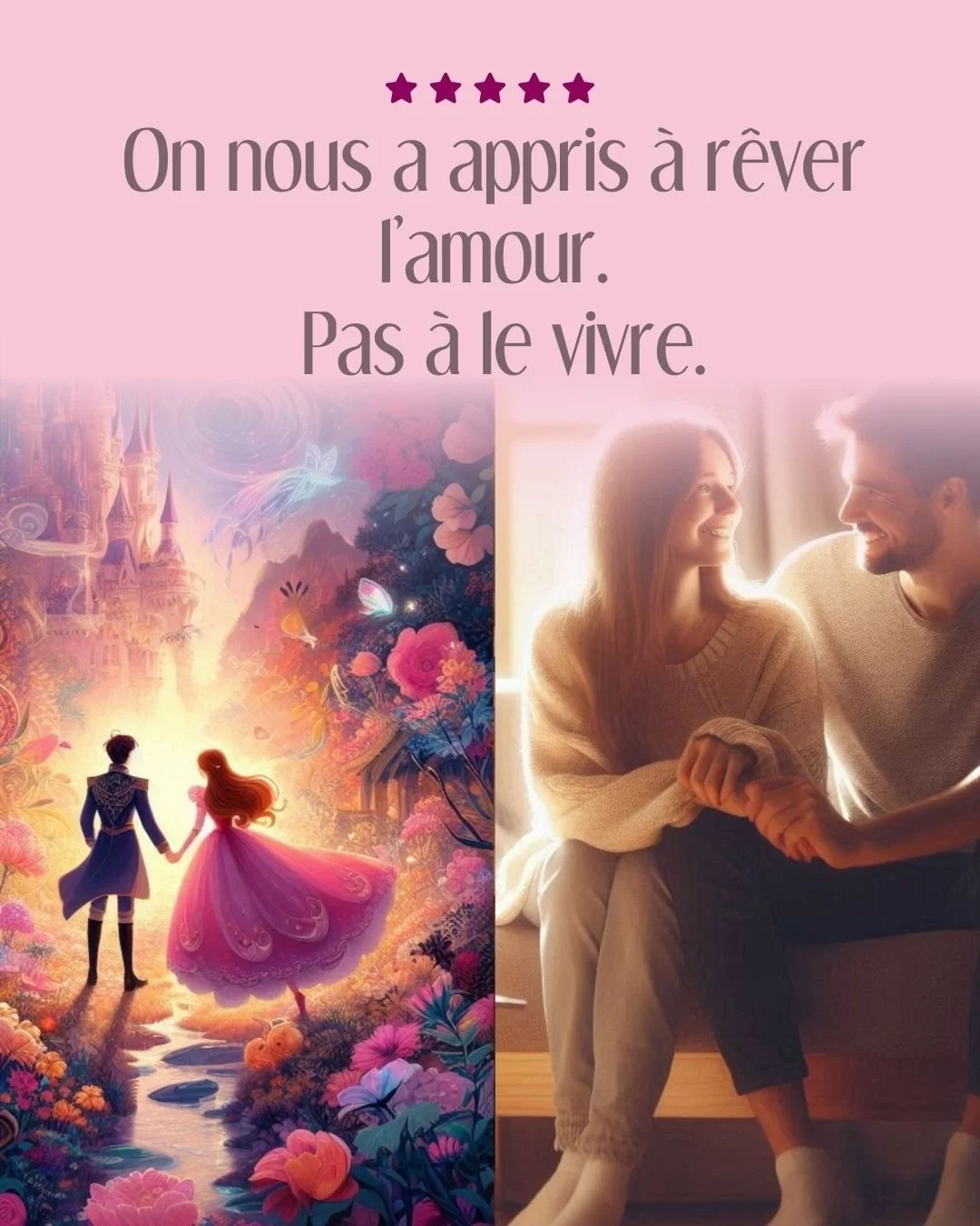 𝗟&rsquo;𝗔𝗺𝗼𝘂𝗿 𝗥𝗼𝗺𝗮𝗻𝘁𝗶𝗾𝘂𝗲, c&rsquo;est celui des films, des romans &agrave; l&rsquo;eau de rose, des chansons, des contes de f&eacute;es...

Celui qui promet que l&rsquo;autre va te comprendre sans que tu parles.
Qu&rsquo;il va te choi