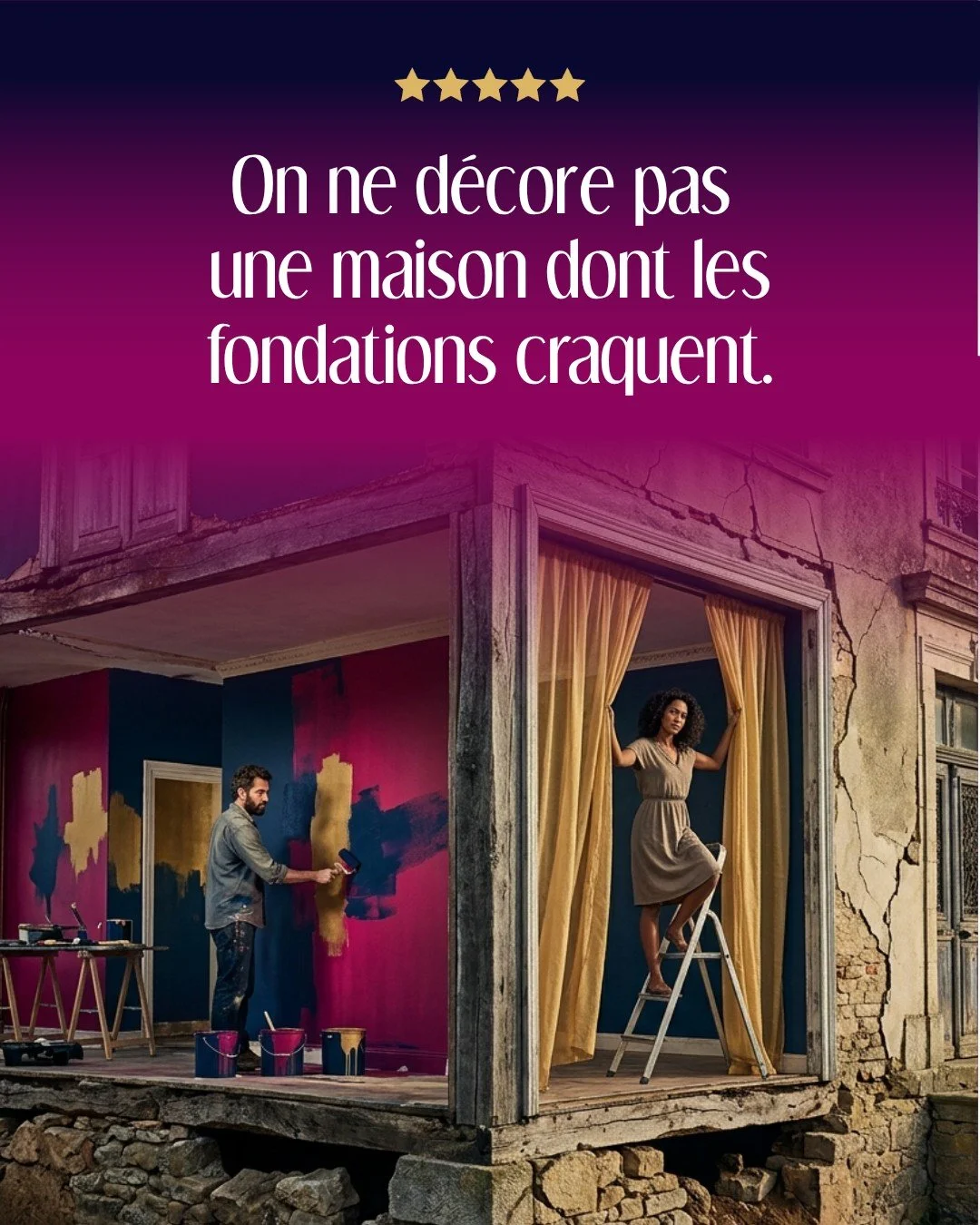 𝗢𝗻 𝗻𝗲 𝗰𝗼𝗻𝘀𝘁𝗿𝘂𝗶𝘁 𝗽𝗮𝘀 𝘀𝗮 𝘃𝗶𝗲 𝗼𝘂 𝘂𝗻 𝗰𝗼𝘂𝗽𝗹𝗲 𝗾𝘂𝗶 𝗱𝘂𝗿𝗲 𝘀𝘂𝗿 𝗱𝗲𝘀 𝘀𝗮𝗯𝗹𝗲𝘀 𝗺𝗼𝘂𝘃𝗮𝗻𝘁𝘀.

Depuis des ann&eacute;es, je vois beaucoup de femmes et de couples s'&eacute;puiser &agrave; essayer de d&eacute;core