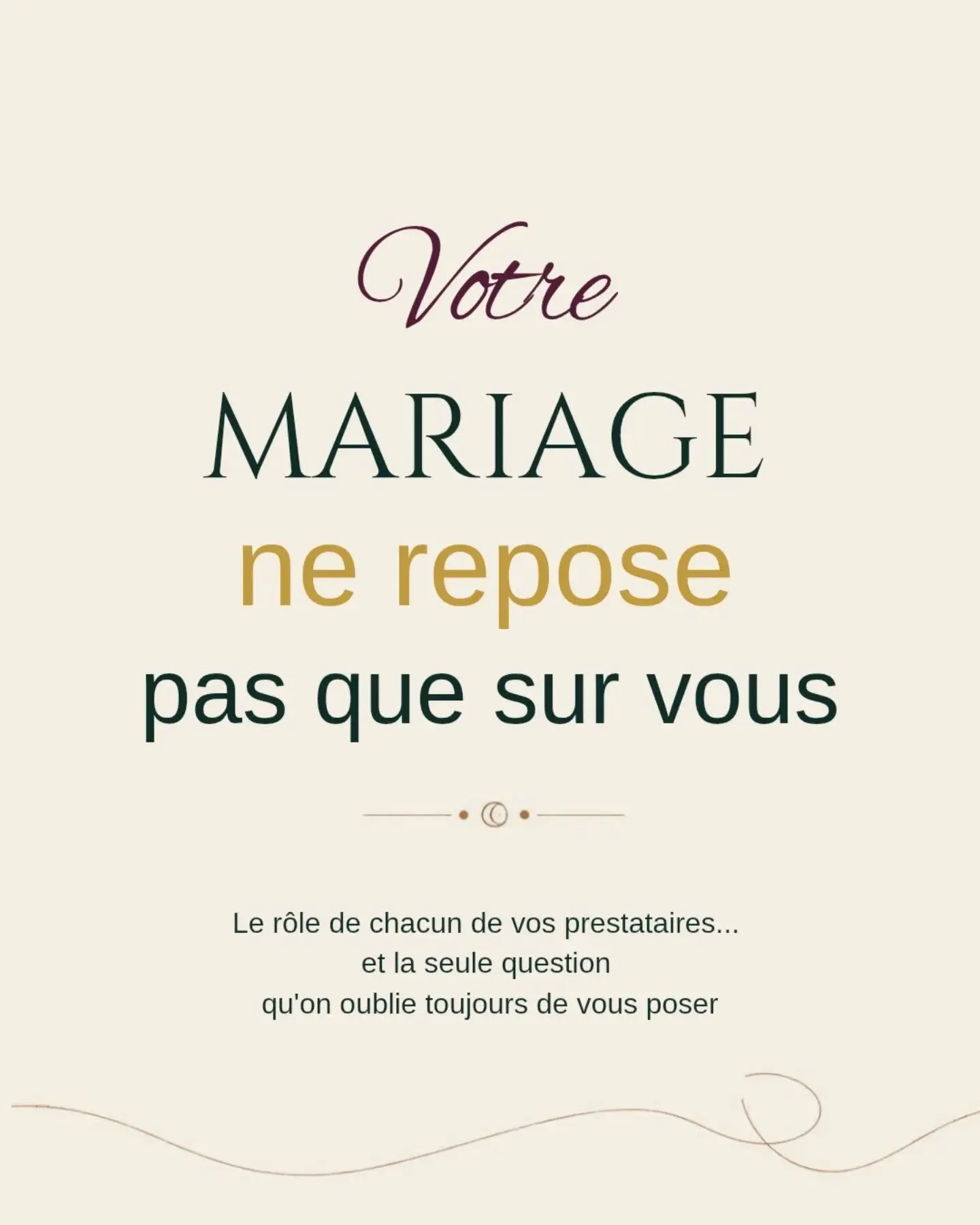 𝗩𝗼𝘁𝗿𝗲 𝗺𝗮𝗿𝗶𝗮𝗴𝗲 𝗻𝗲 𝗿𝗲𝗽𝗼𝘀𝗲 𝗽𝗮𝘀 𝗾𝘂𝗲 𝘀𝘂𝗿 𝘃𝗼𝘂𝘀.

On passe des semaines &agrave; ajuster le menu, des mois &agrave; chercher le lieu id&eacute;al, des heures &agrave; choisir les fleurs, la musique, la tenue...

Chaque prest
