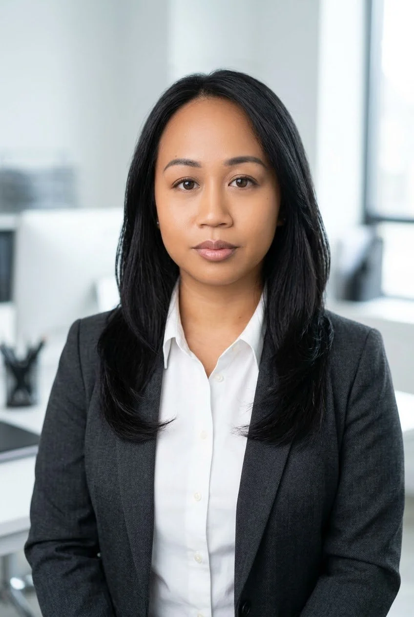 A professional woman in business attire looking directly at the camera in an office setting.