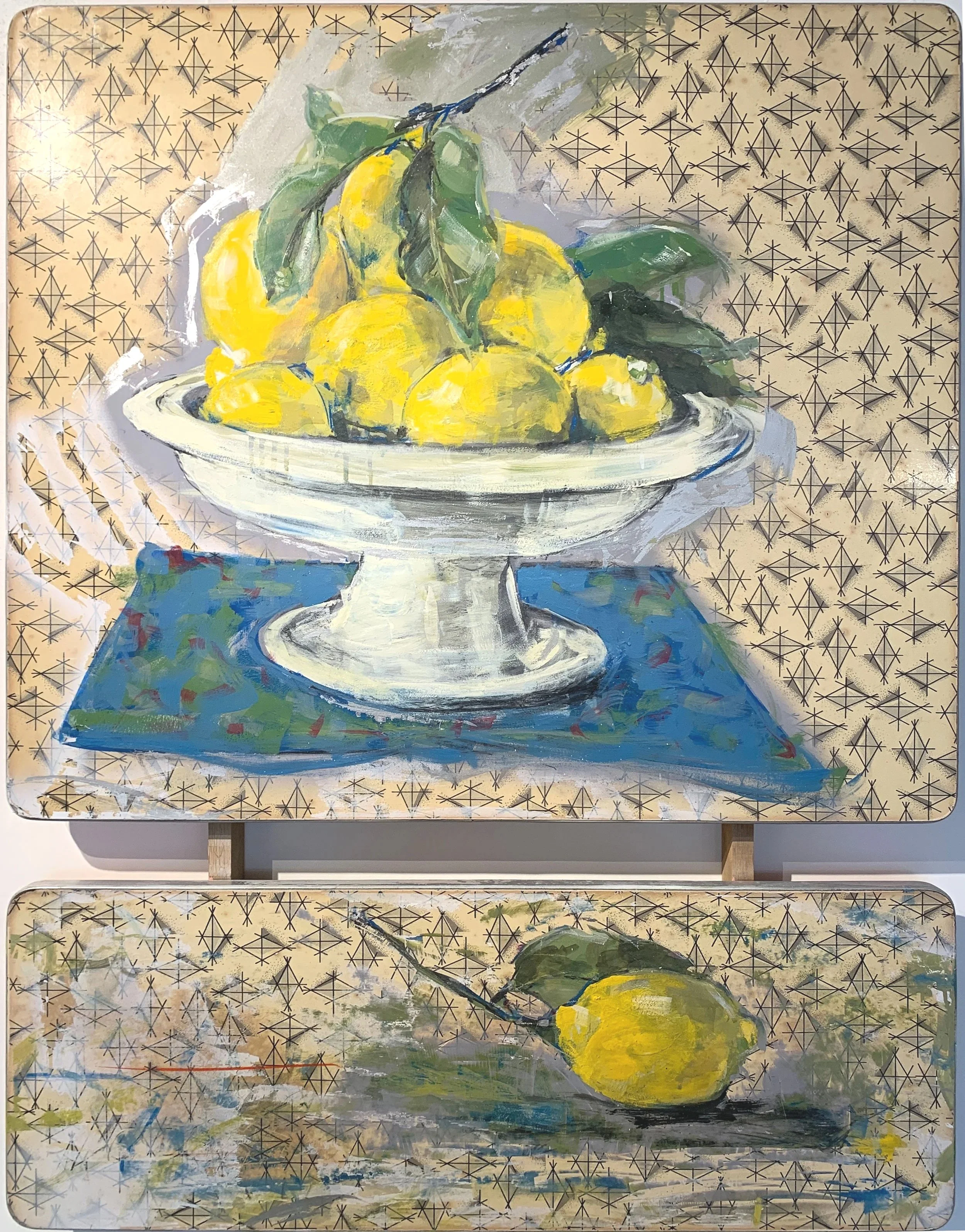 no one ever gave me lemons, 
mixed media on vintage table top, 
38.5” x 30”, framed 

