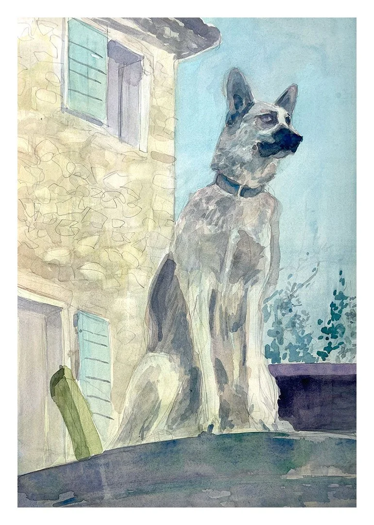 Late Afternoon (Dog on a Wall at Café le Sade)
watercolor on paper - framed