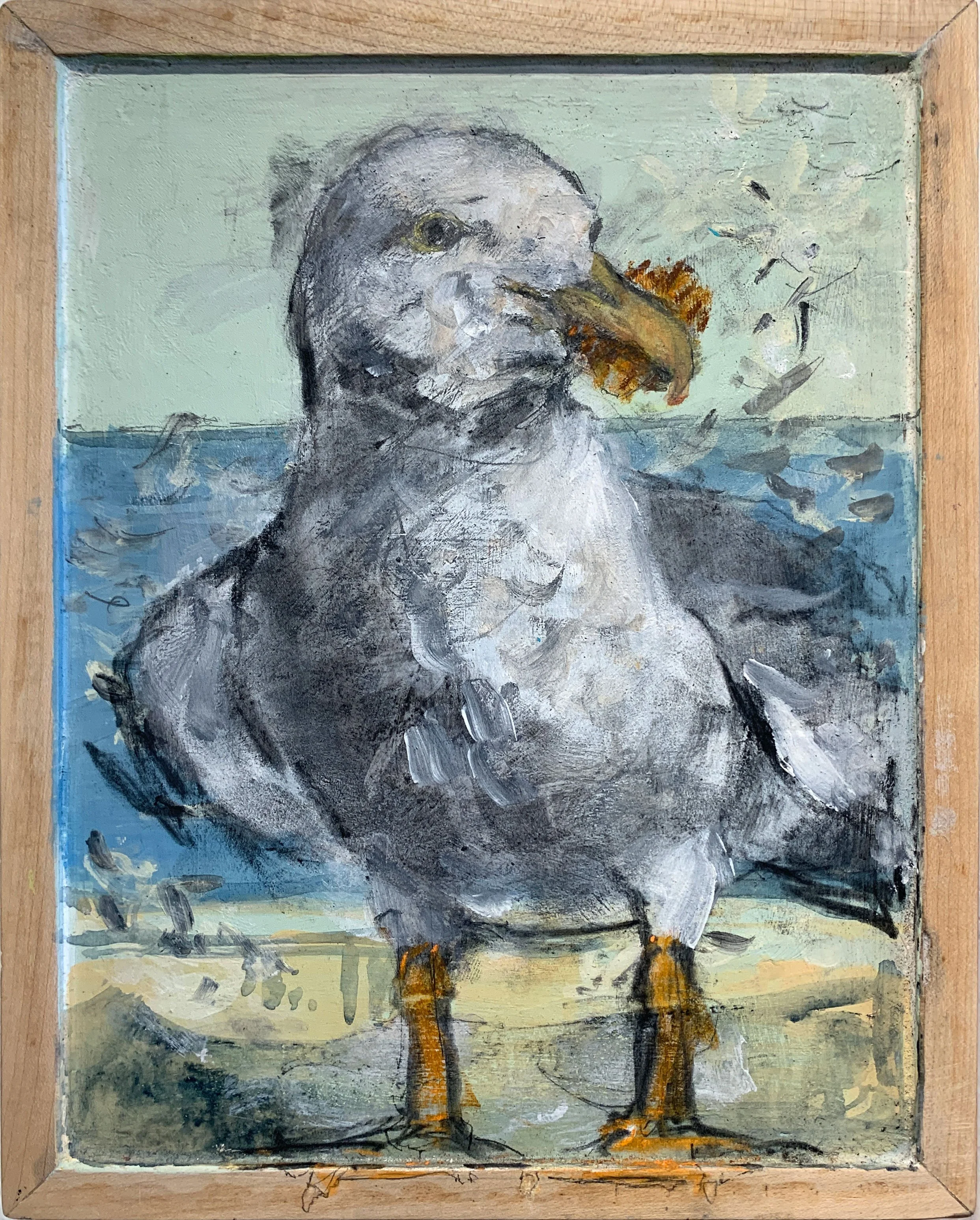 like opening chips at the beach, 
mixed media on panel, 
10.5” x 8”, framed 

