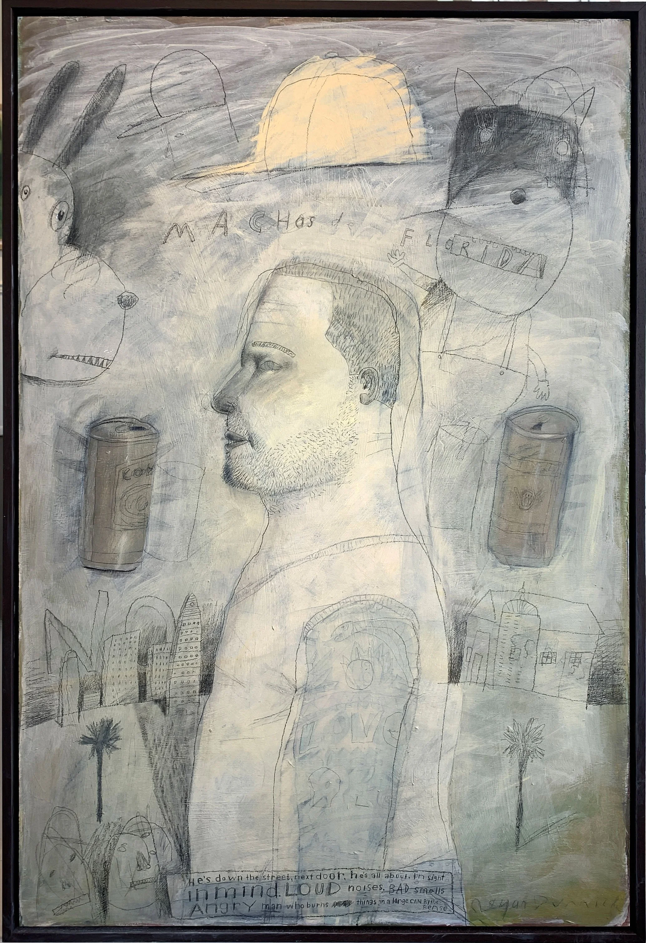 Burn Things in Large Can by the Fence
oil, acrylic, pencil on canvas
37" x 25" - framed

