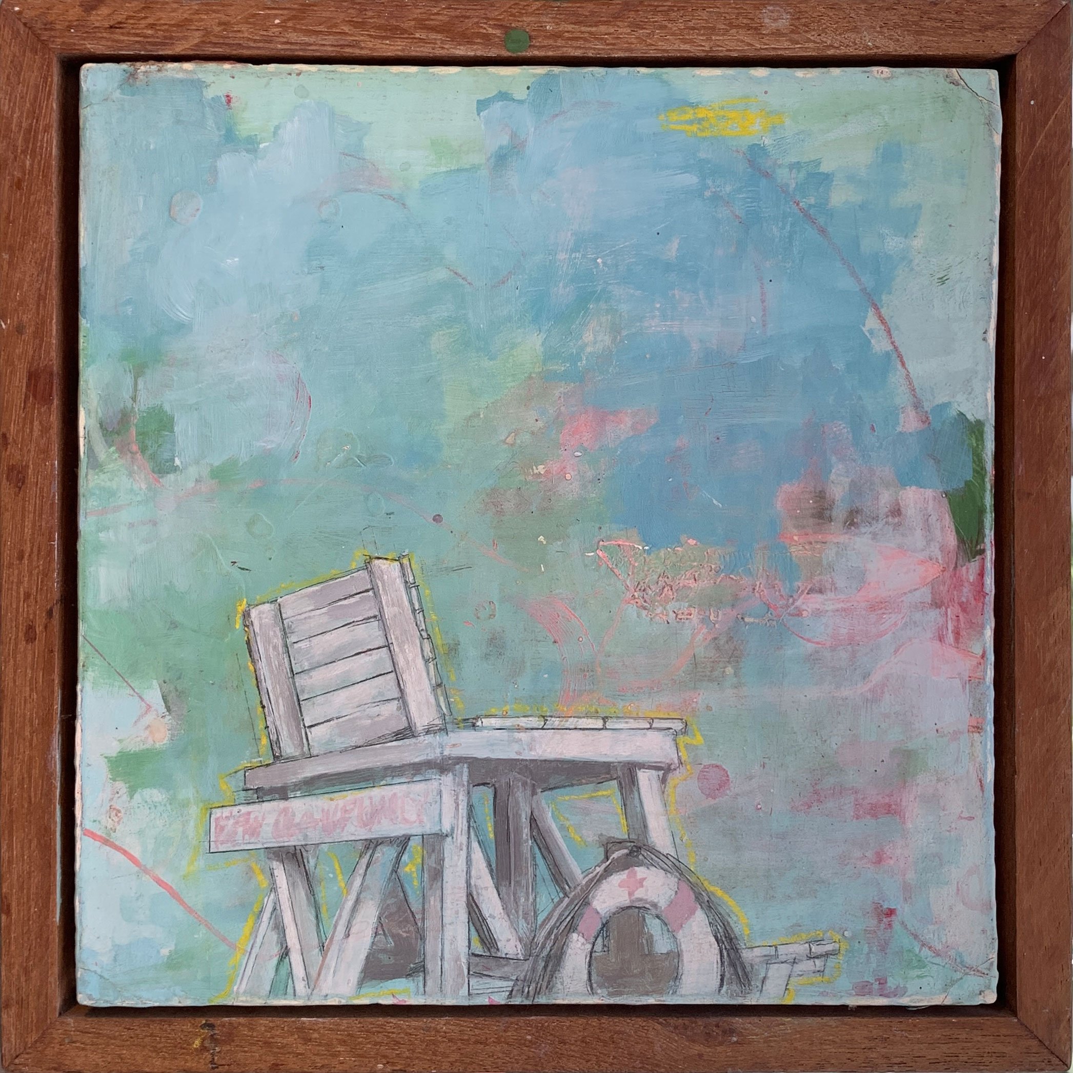 no guard on duty, 
mixed media on panel, 
10.5” x 10.5 ”, framed  

