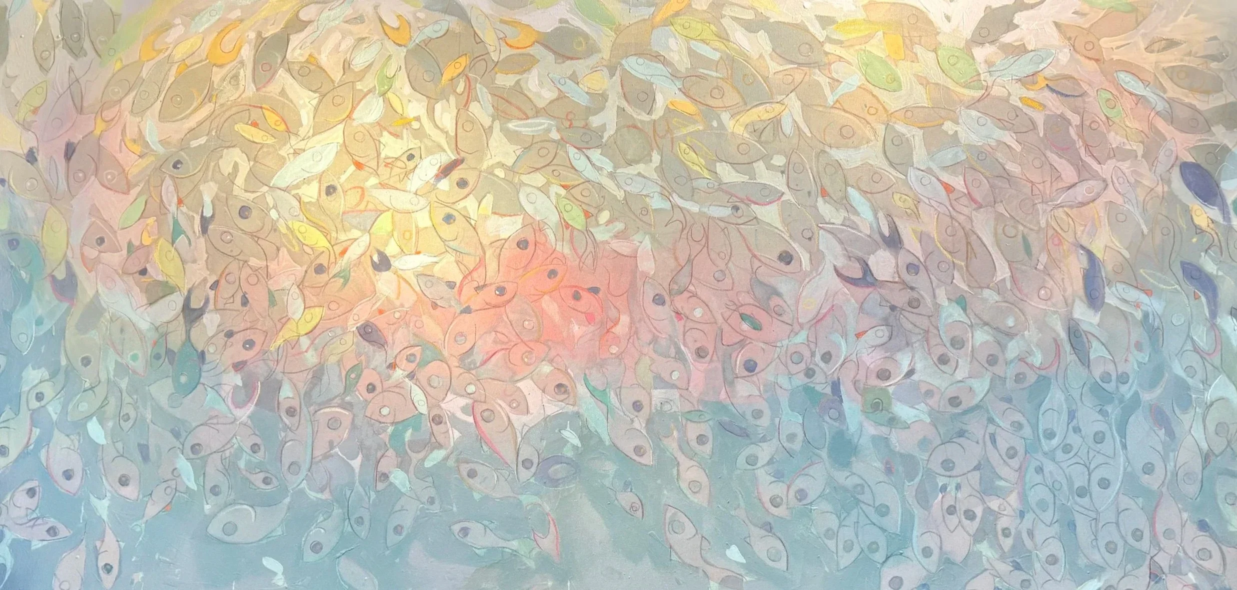 AQUA ECHOES, 
oil + acrylic on canvas, 
48” x 96”
