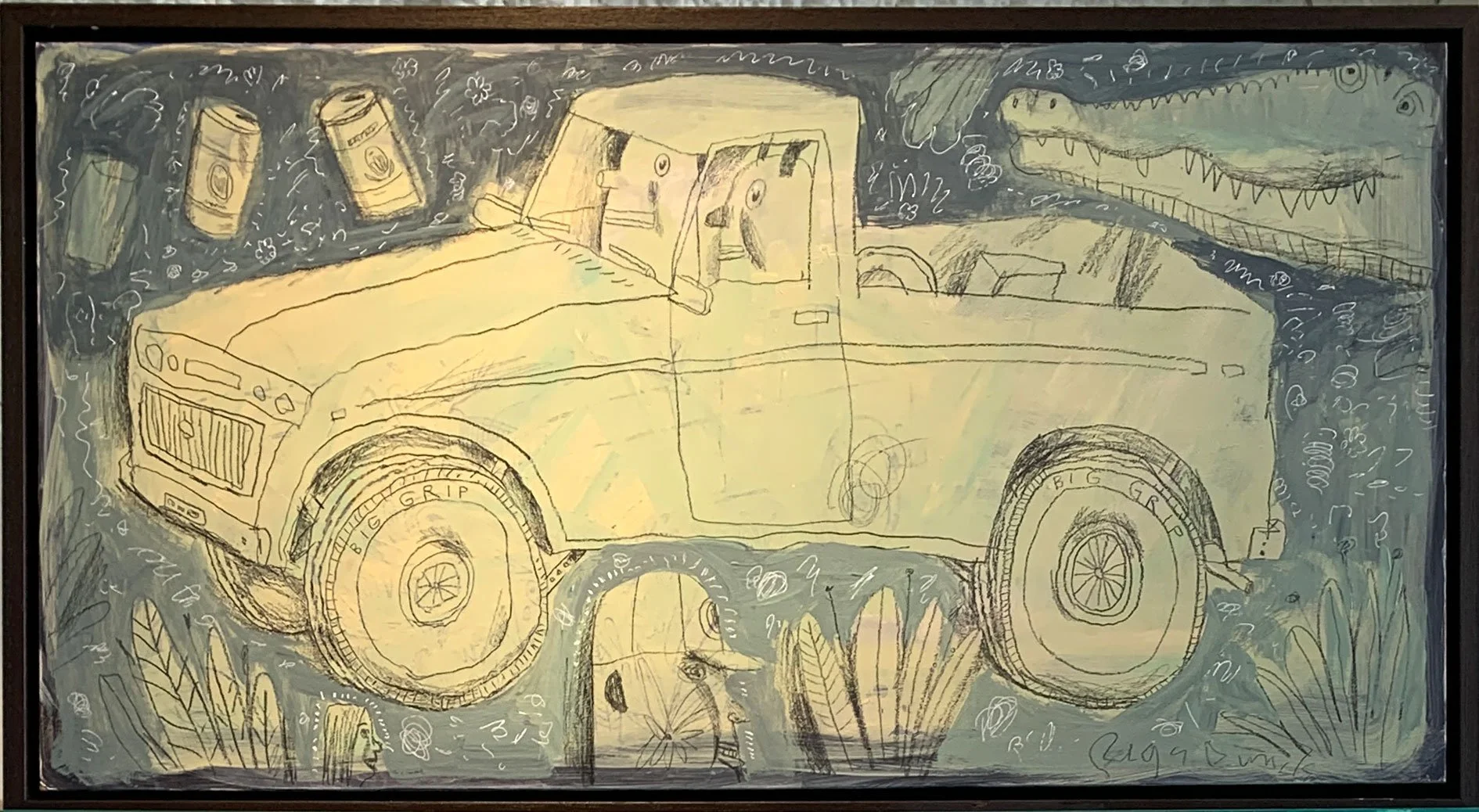 Truckers
oil, acrylic, pencil on canvas
12" x 24" - framed

