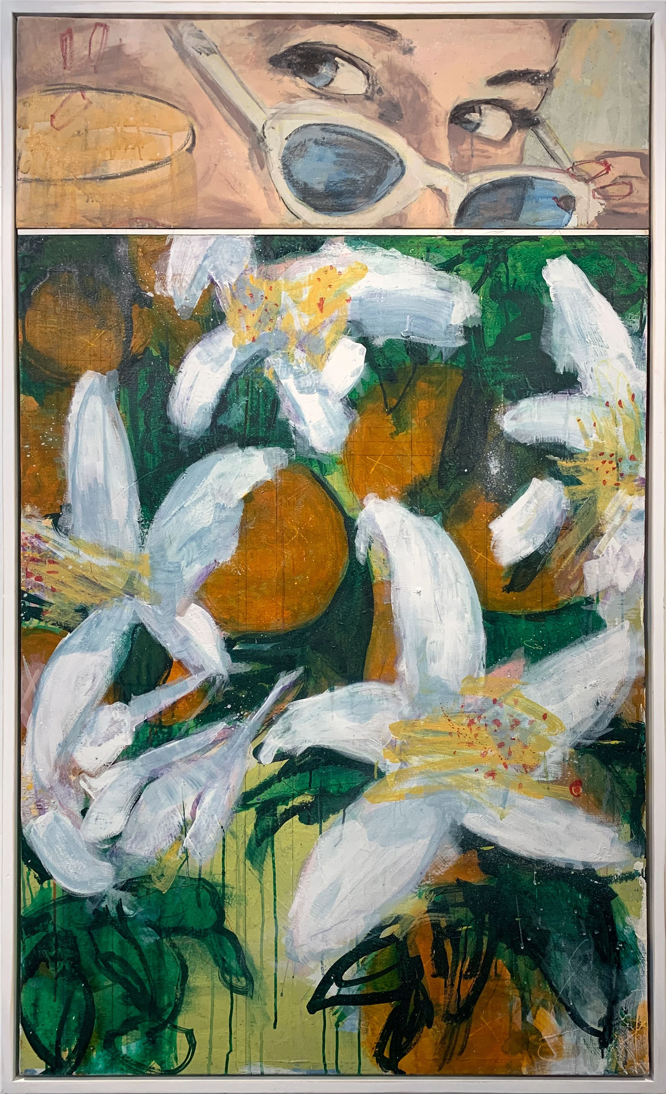 orange you glad she noticed, 
mixed media on canvas, 
62” x 37.5”, framed


