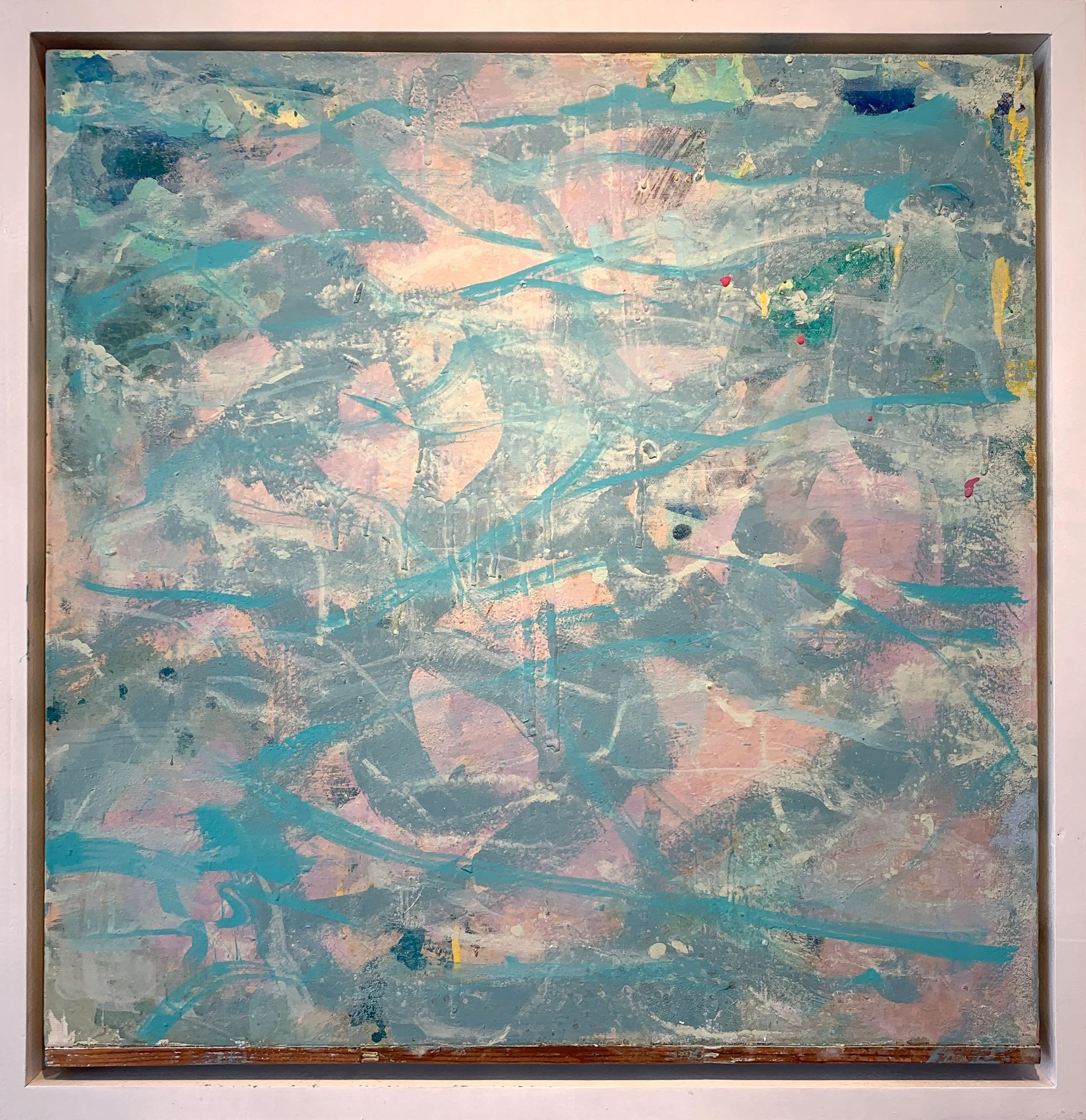 clouds in the shallow end, 
mixed media on canvas, 
22.5” x 22”, framed

