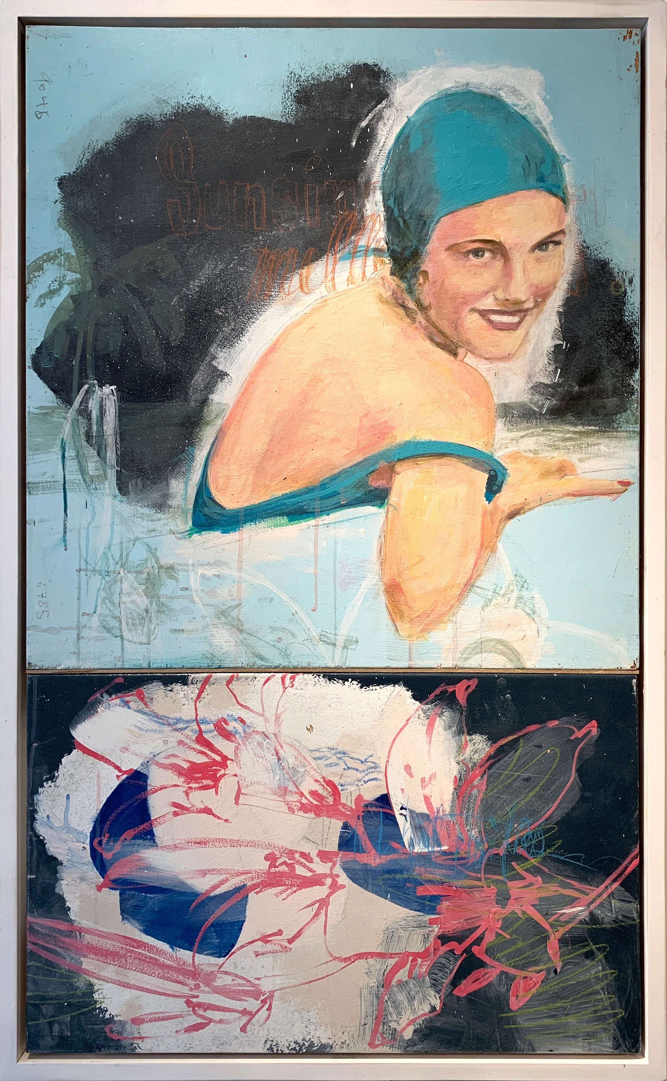 flowers in the deep end, 
mixed media on panel, 
42” x 26”, framed


