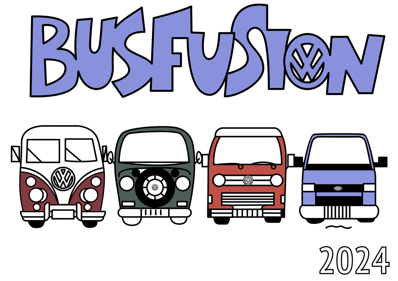Poster for Busfusion 2025 featuring colorful maroon, dark green, red, and purple buses.