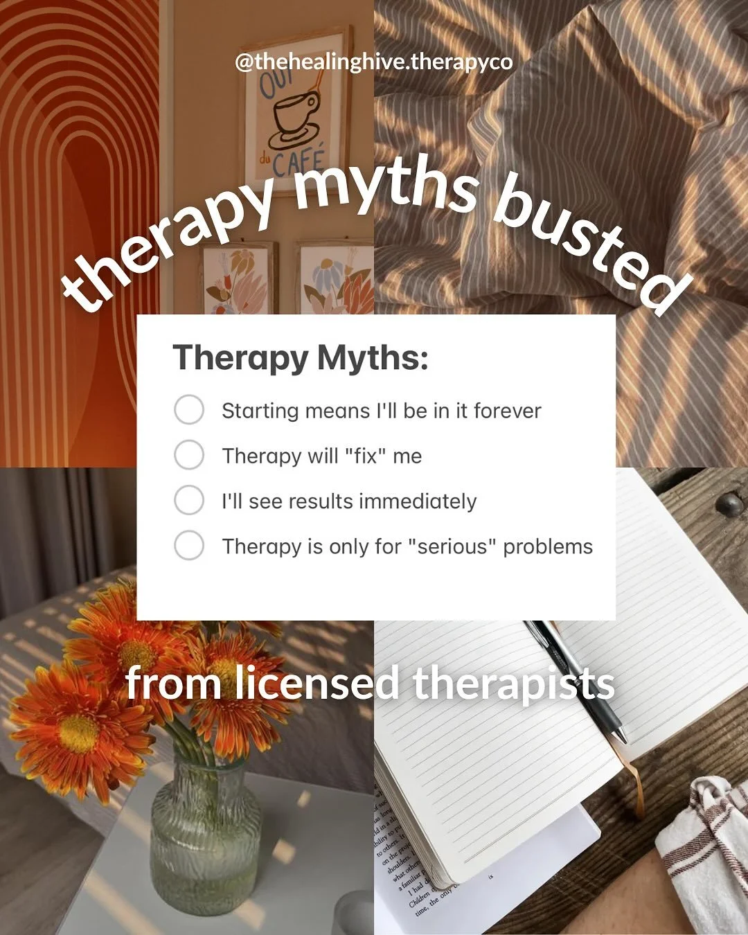 Therapy myths busted!🧡🤭

Common questions and concerns about therapy with answers from our amazing team at the Healing Hive🧡🩷

👉🏻 FOLLOW US @thehealinghive.therapyco for more relatable content + how we challenge traditional mental health therap
