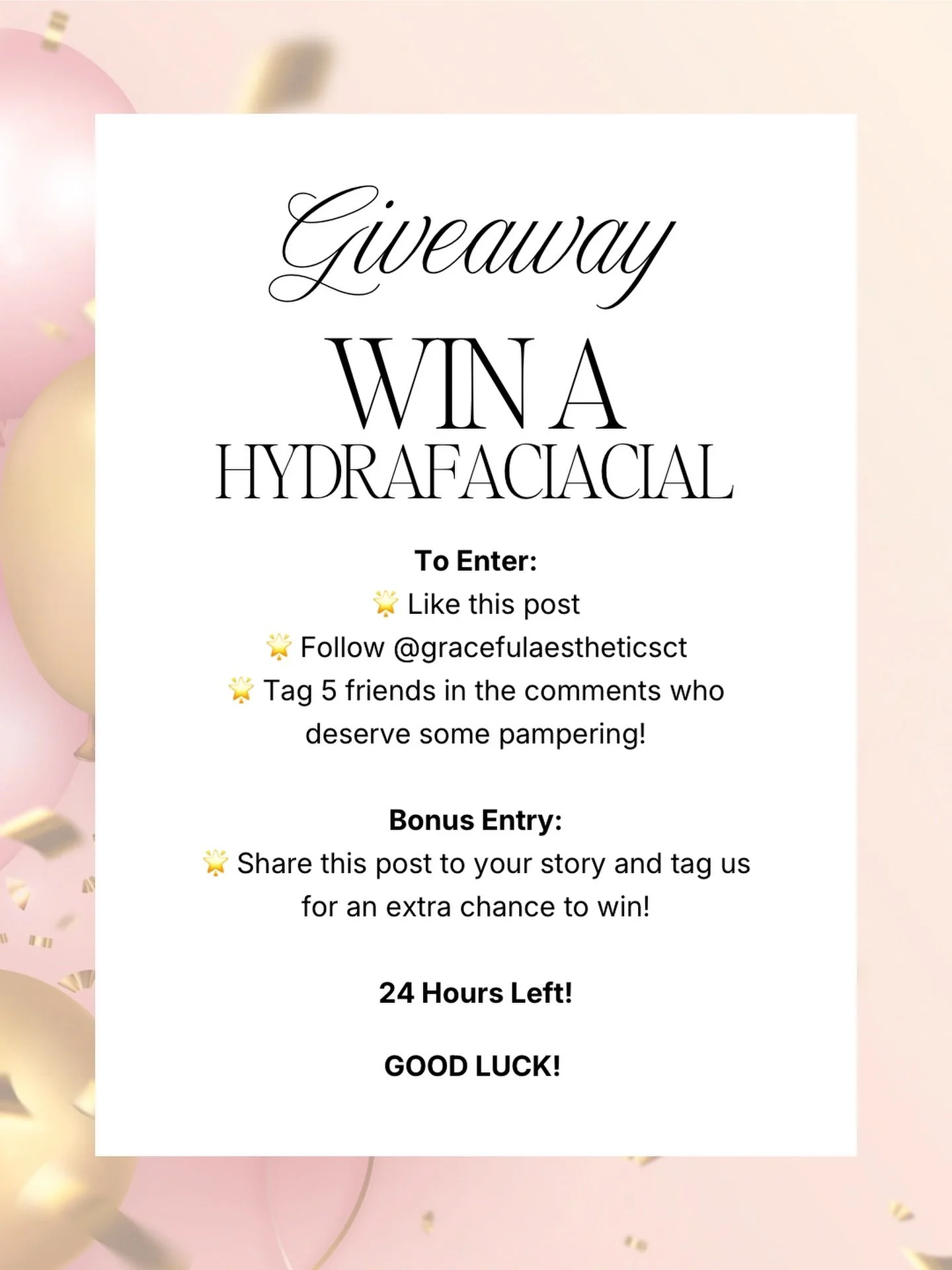 ✨ Just 24 hours ✨ left to enter our birthday giveaway for a chance to win a complimentary HydraFacial 🤍

To enter:
✨ Follow this account
✨ Tag 5 friends in the comments
✨ Bonus entry: share this post to your stories + tag us

Winner will be announce