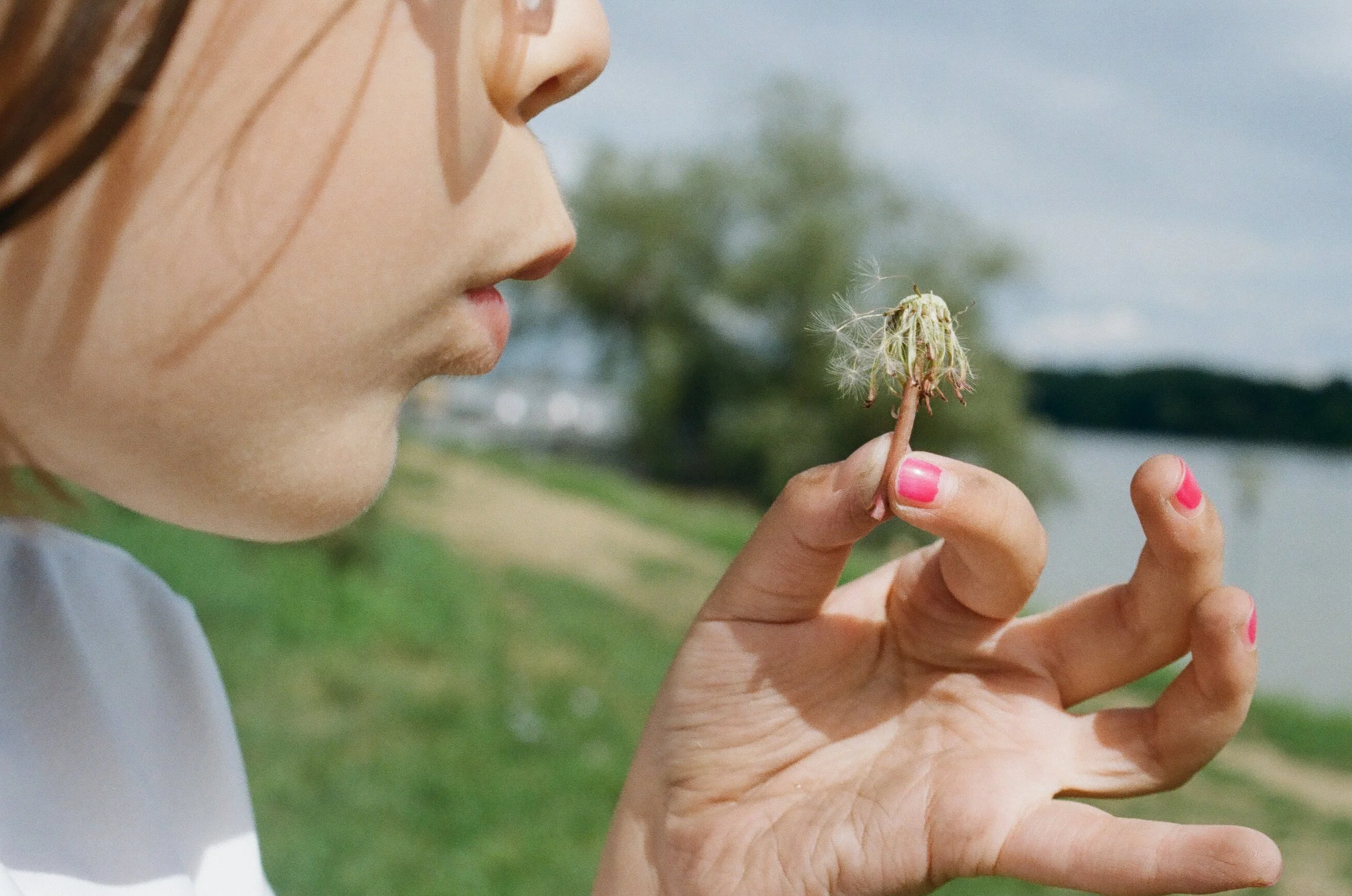 A person with light skin and painted nails is holding a dandelion seed head near their mouth, outdoors near a lake with trees and a cloudy sky in the background.