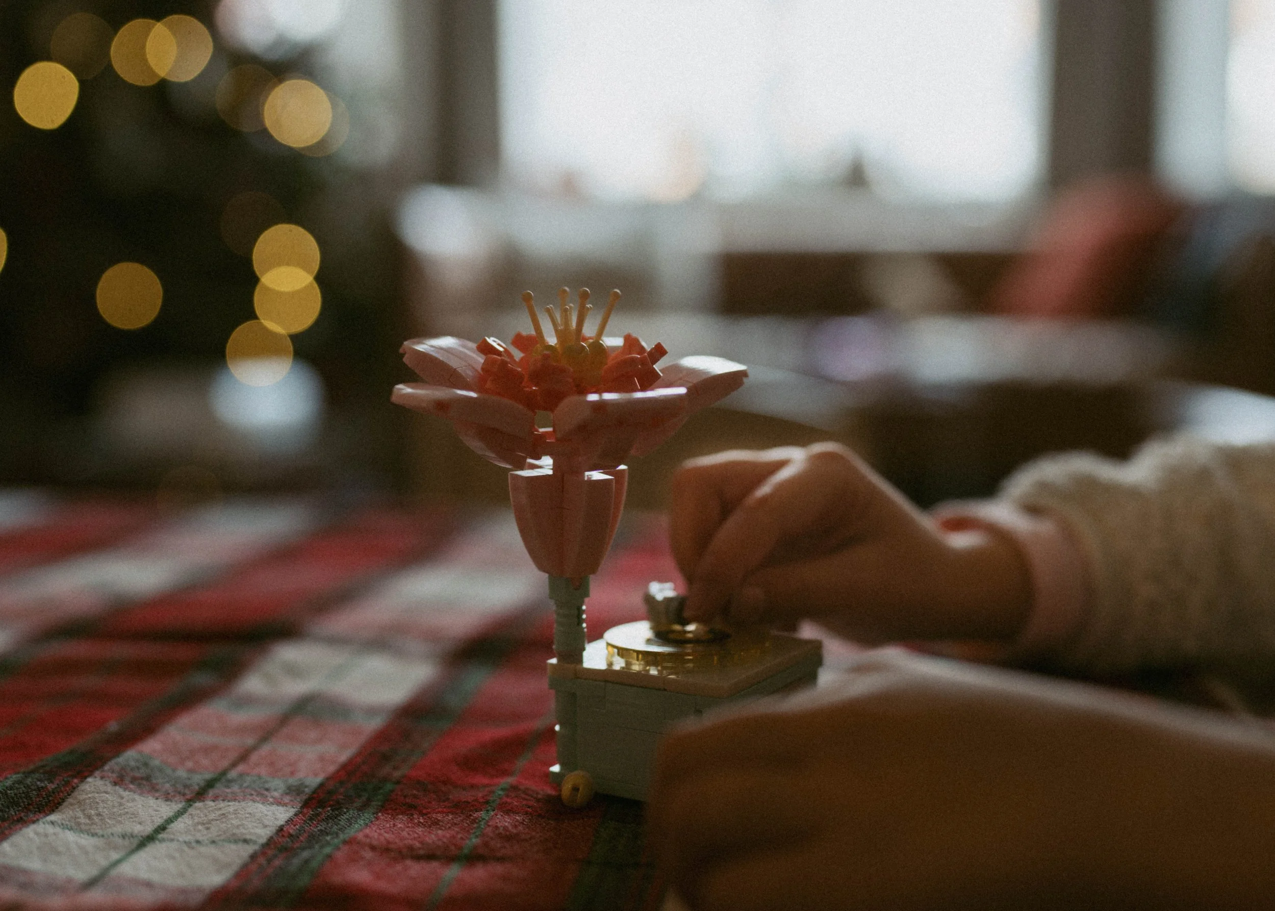 A hand placing a small coin onto a stack in front of a pink flower-shaped object on a red plaid tablecloth, with a blurred holiday tree with lights in the background.